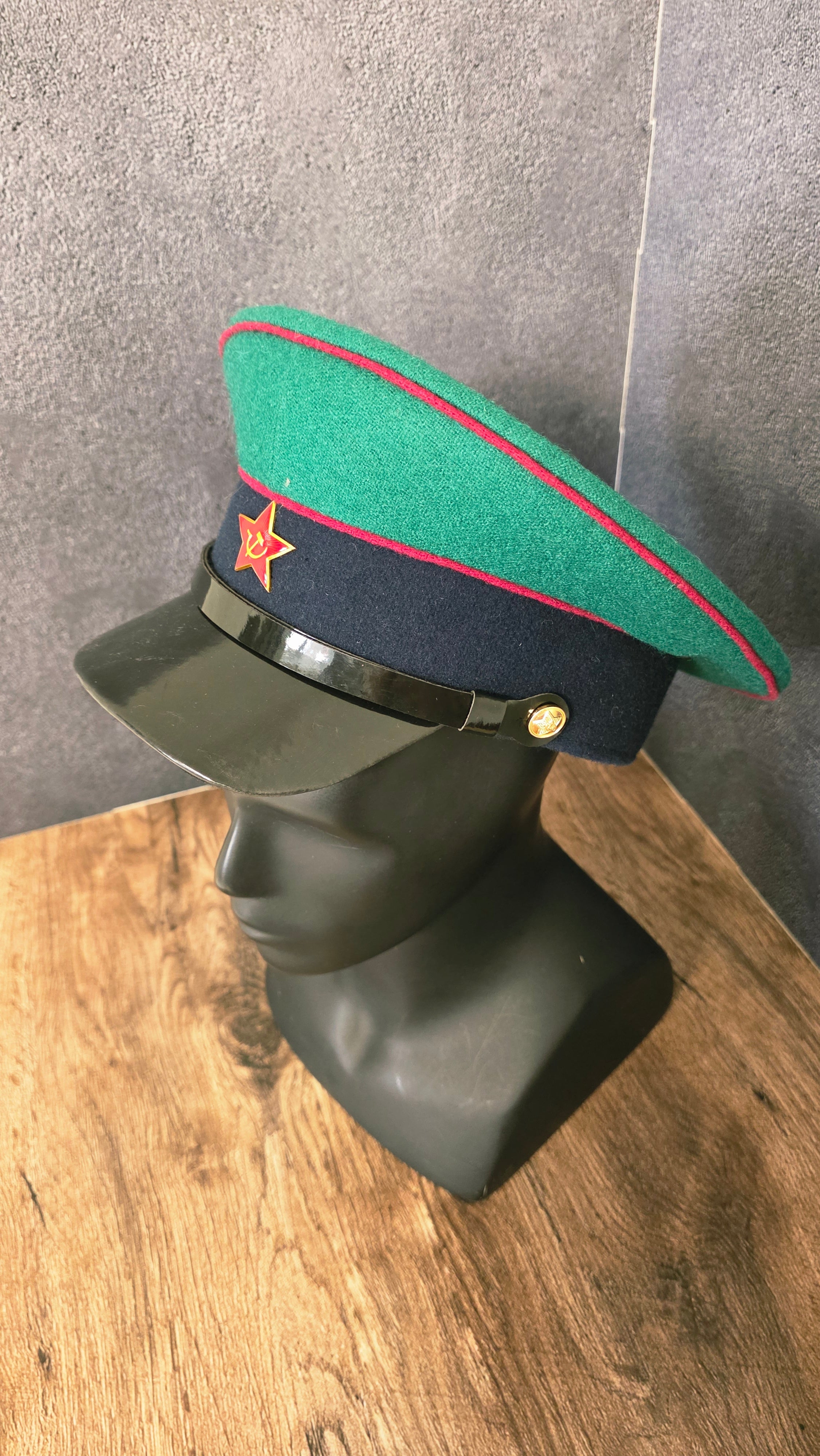 Vintage Soviet USSR Border Guard Visor Cap Green Crown Black Band Hat