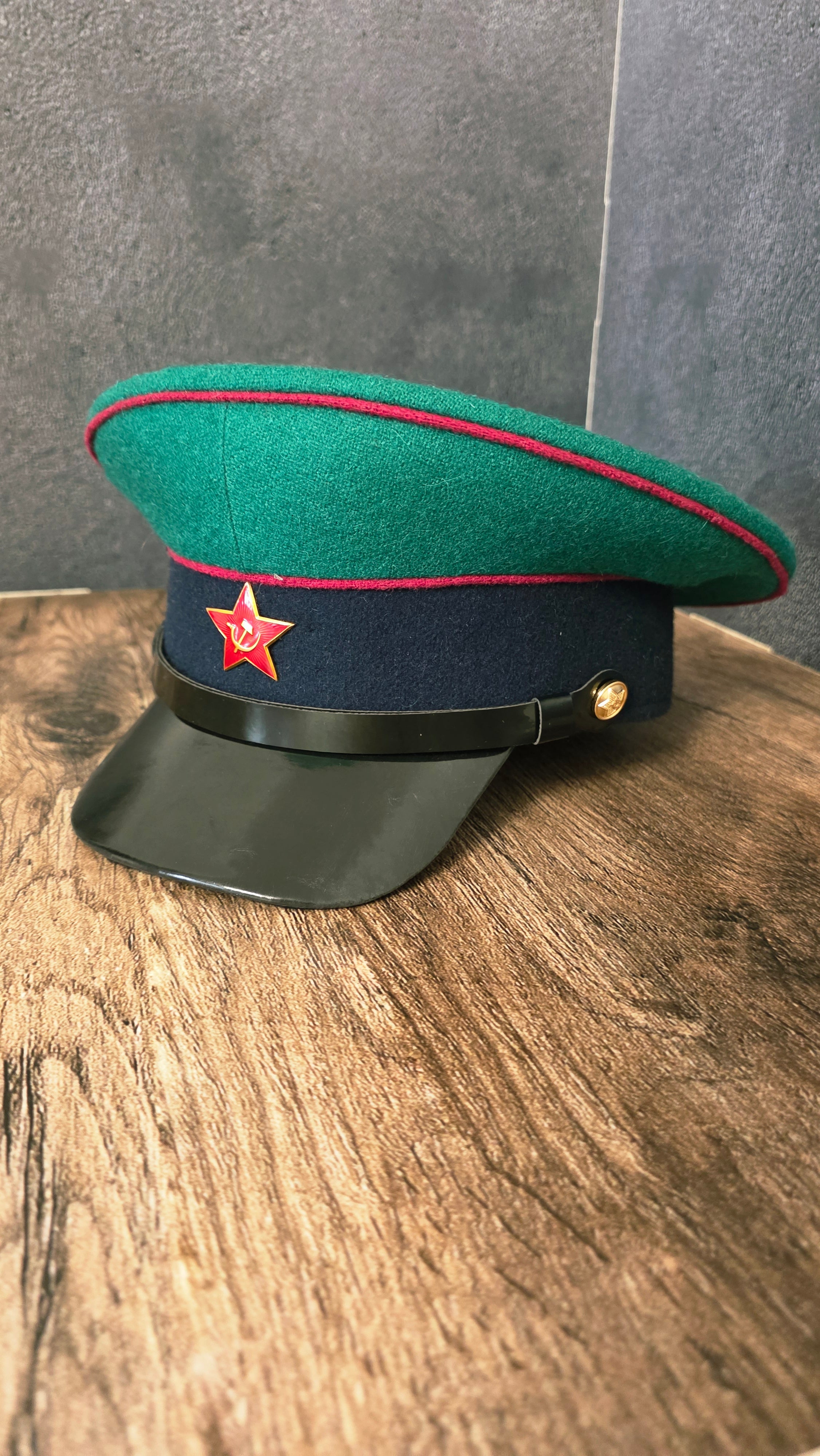 Vintage Soviet USSR Border Guard Visor Cap Green Crown Black Band Hat
