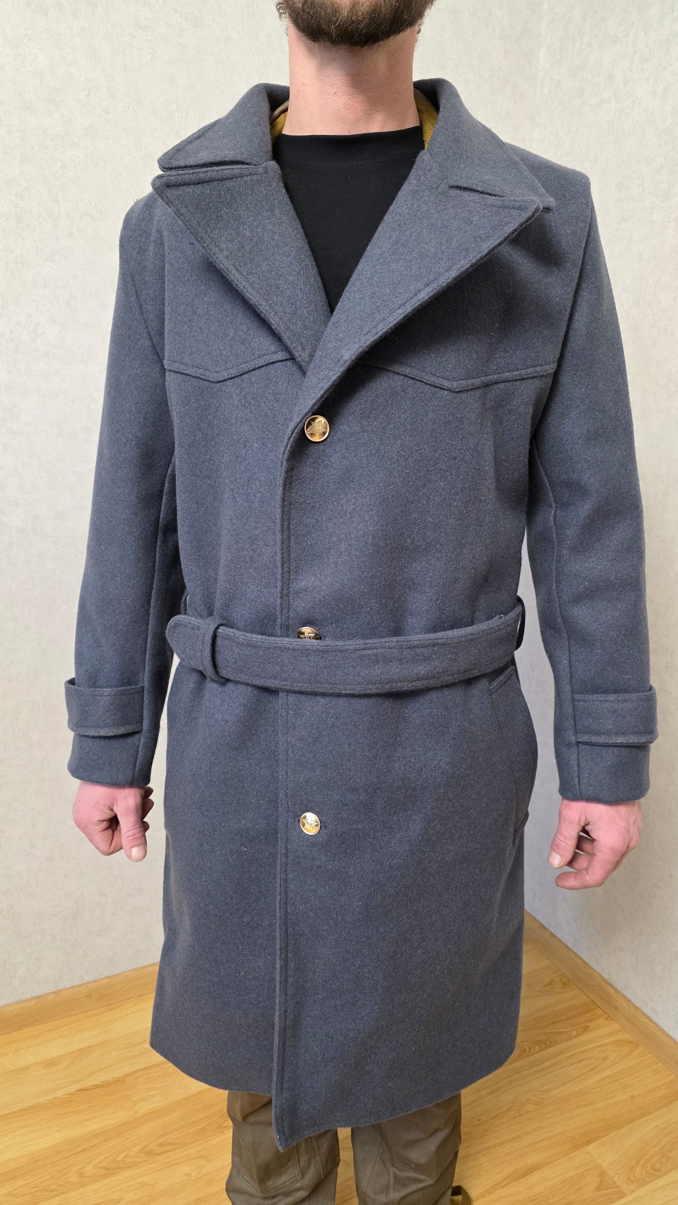 Vintage Soviet USSR Grey Wool Officer Overcoat Belted Winter Coat