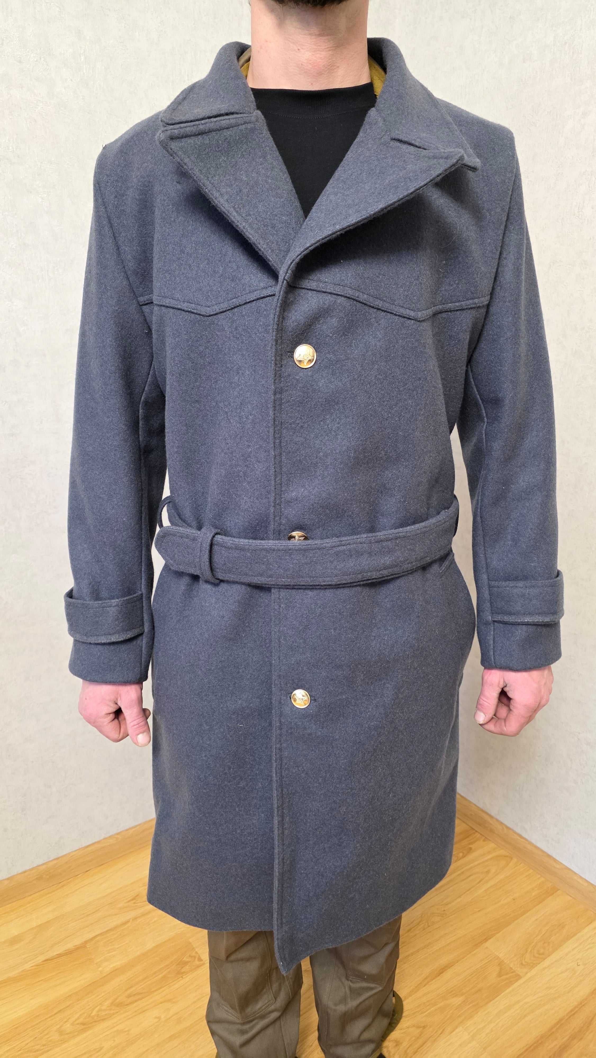 Vintage Soviet USSR Grey Wool Officer Overcoat Belted Winter Coat