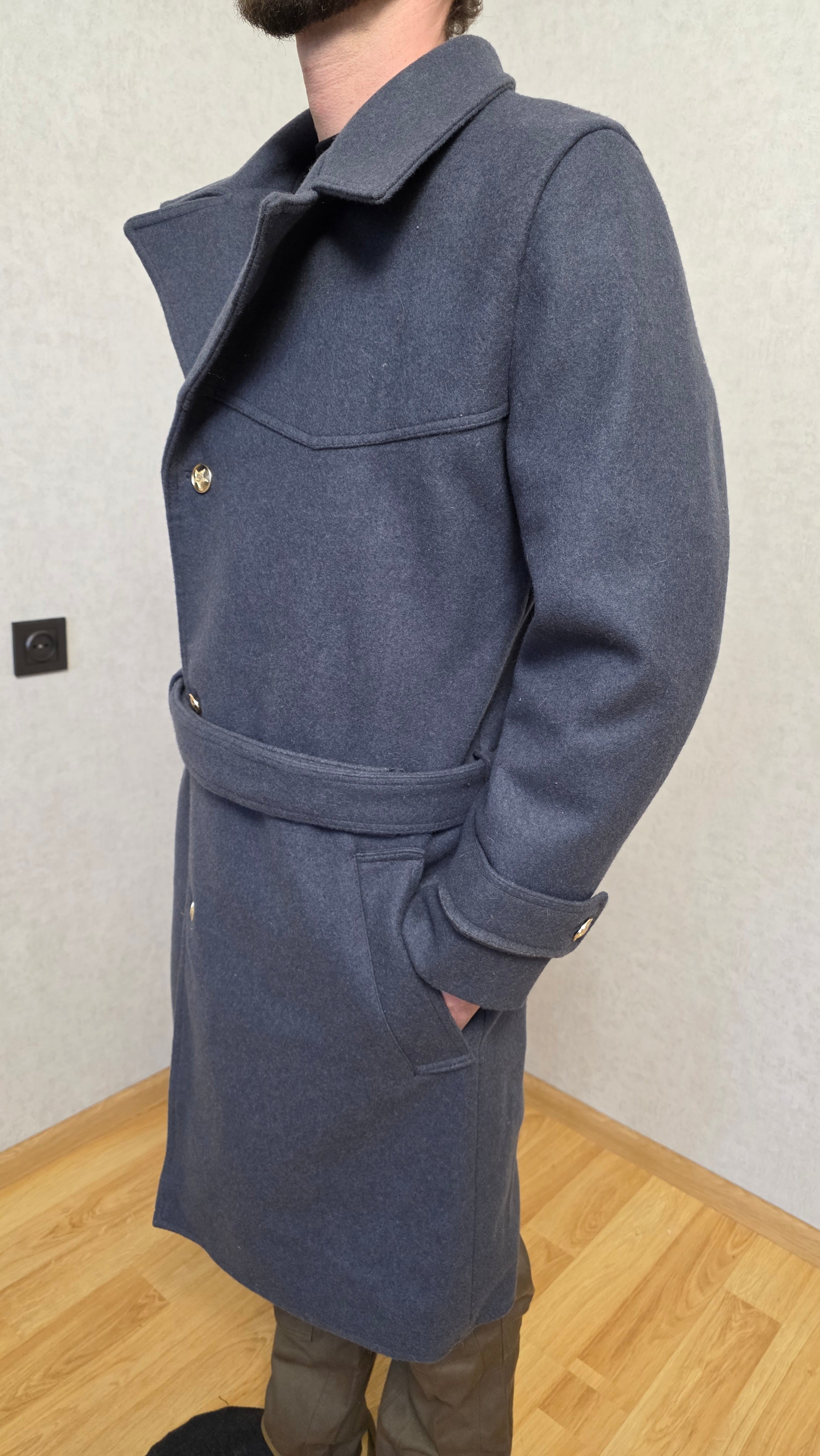 Vintage Soviet USSR Grey Wool Officer Overcoat Belted Winter Coat
