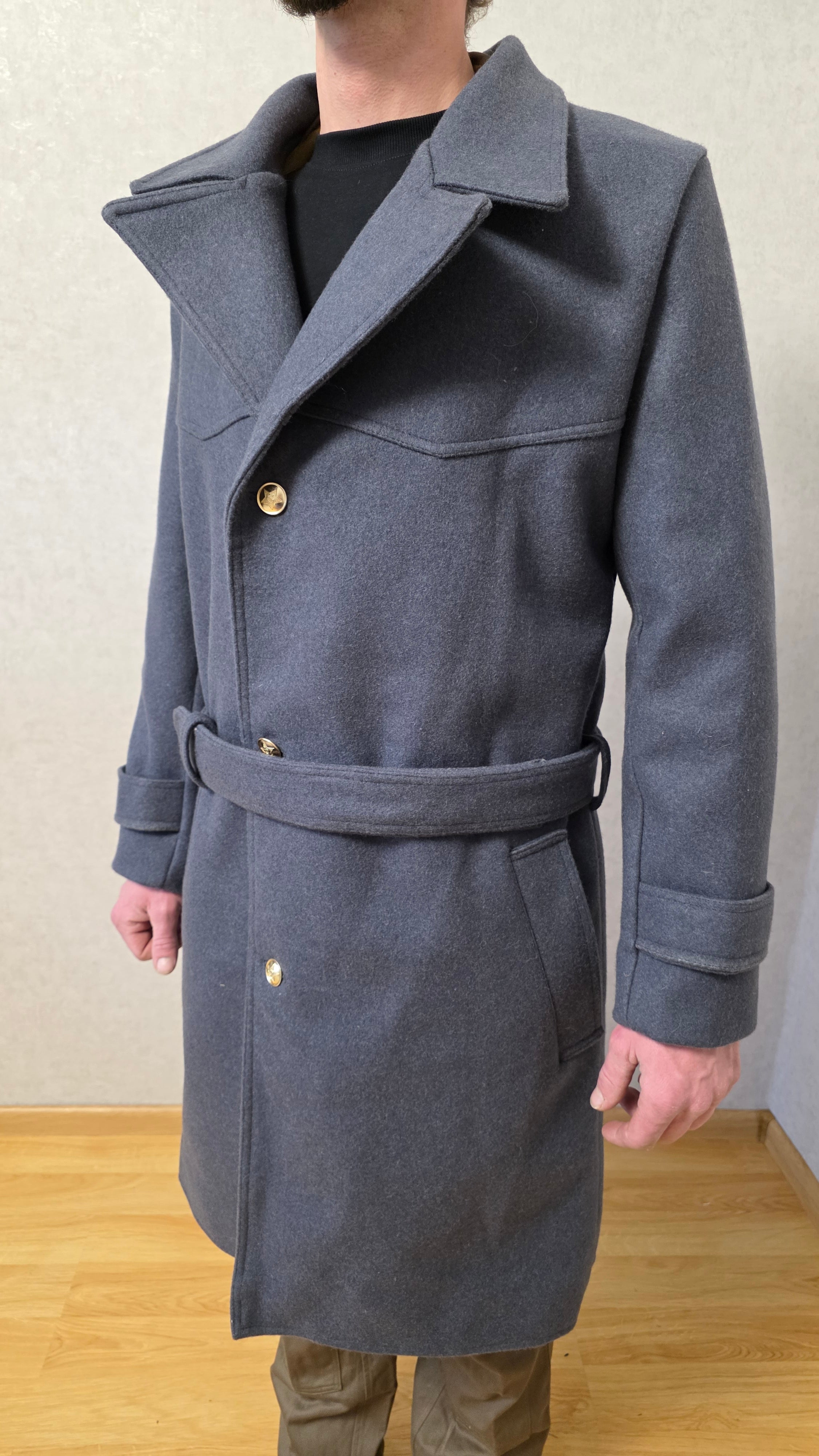 Vintage Soviet USSR Grey Wool Officer Overcoat Belted Winter Coat