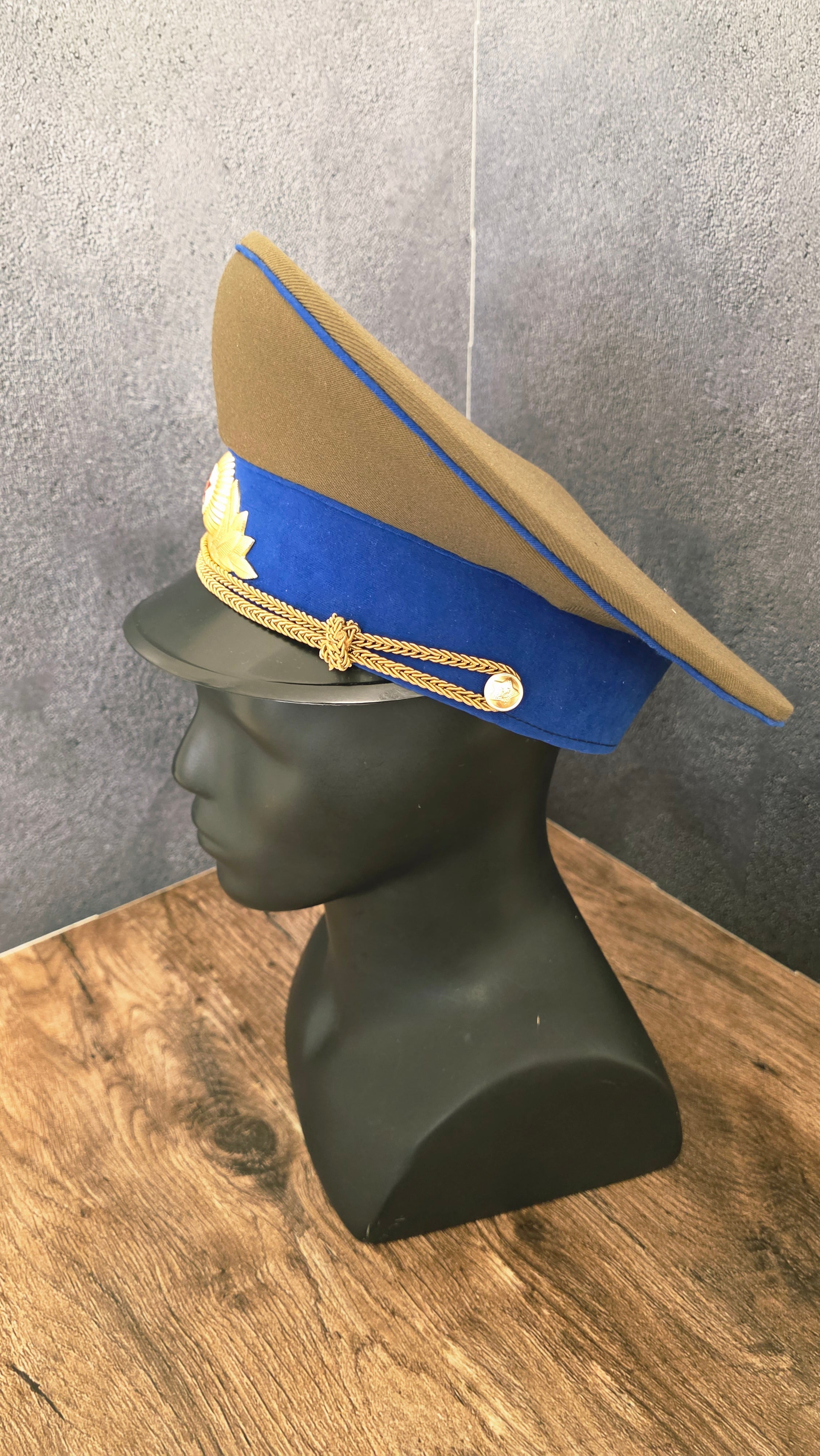 Vintage Soviet USSR KGB Officer Visor Cap Olive Crown Cornflower Blue Band