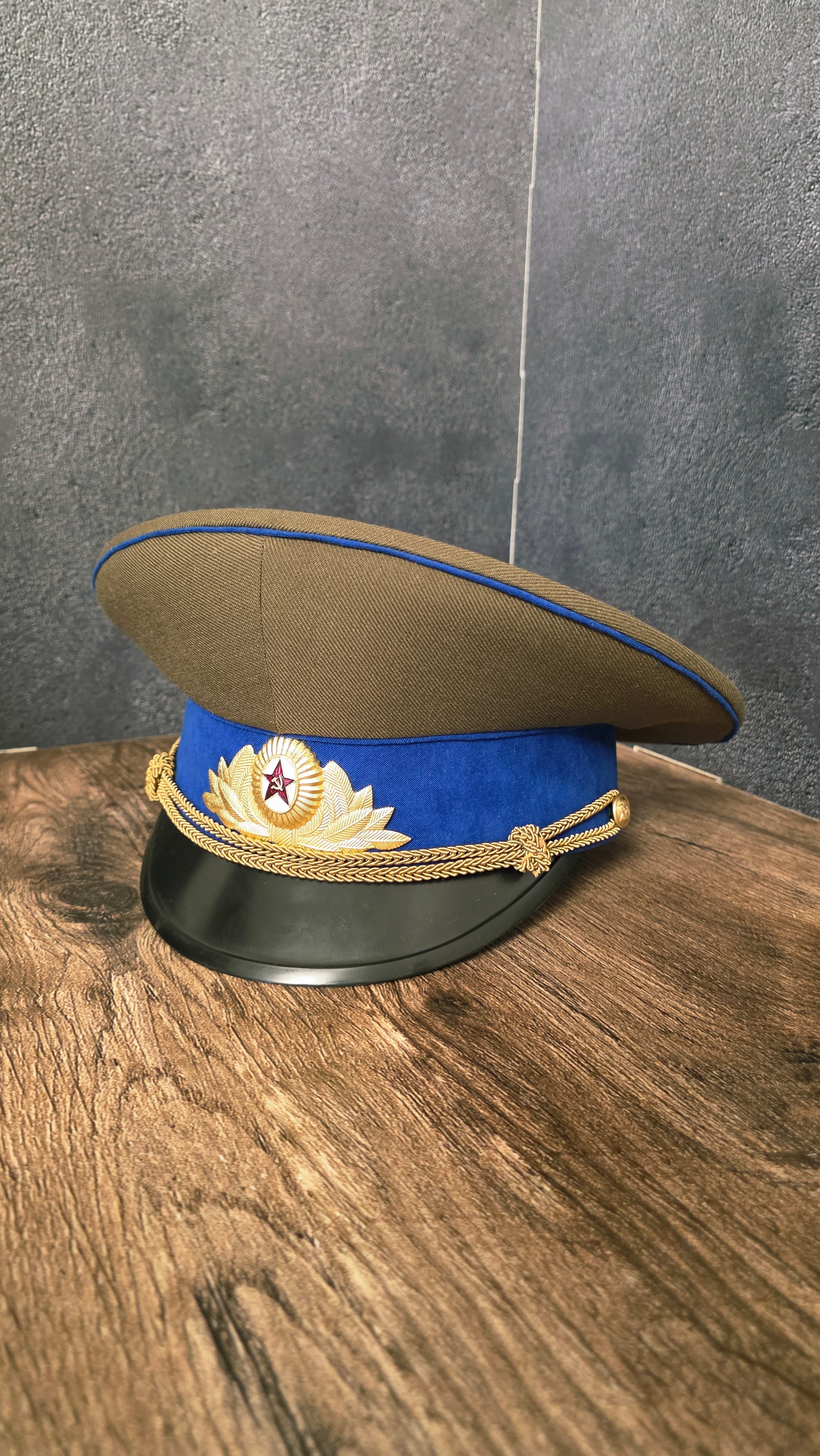 Vintage Soviet USSR KGB Officer Visor Cap Olive Crown Cornflower Blue Band