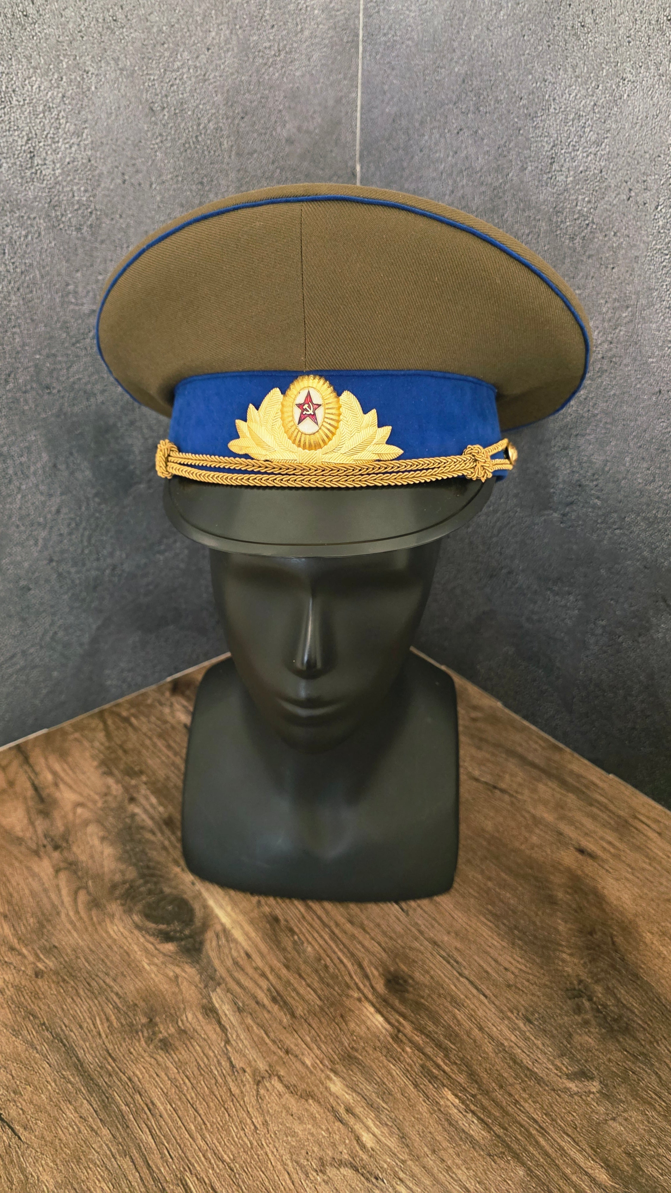 Vintage Soviet USSR KGB Officer Visor Cap Olive Crown Cornflower Blue Band