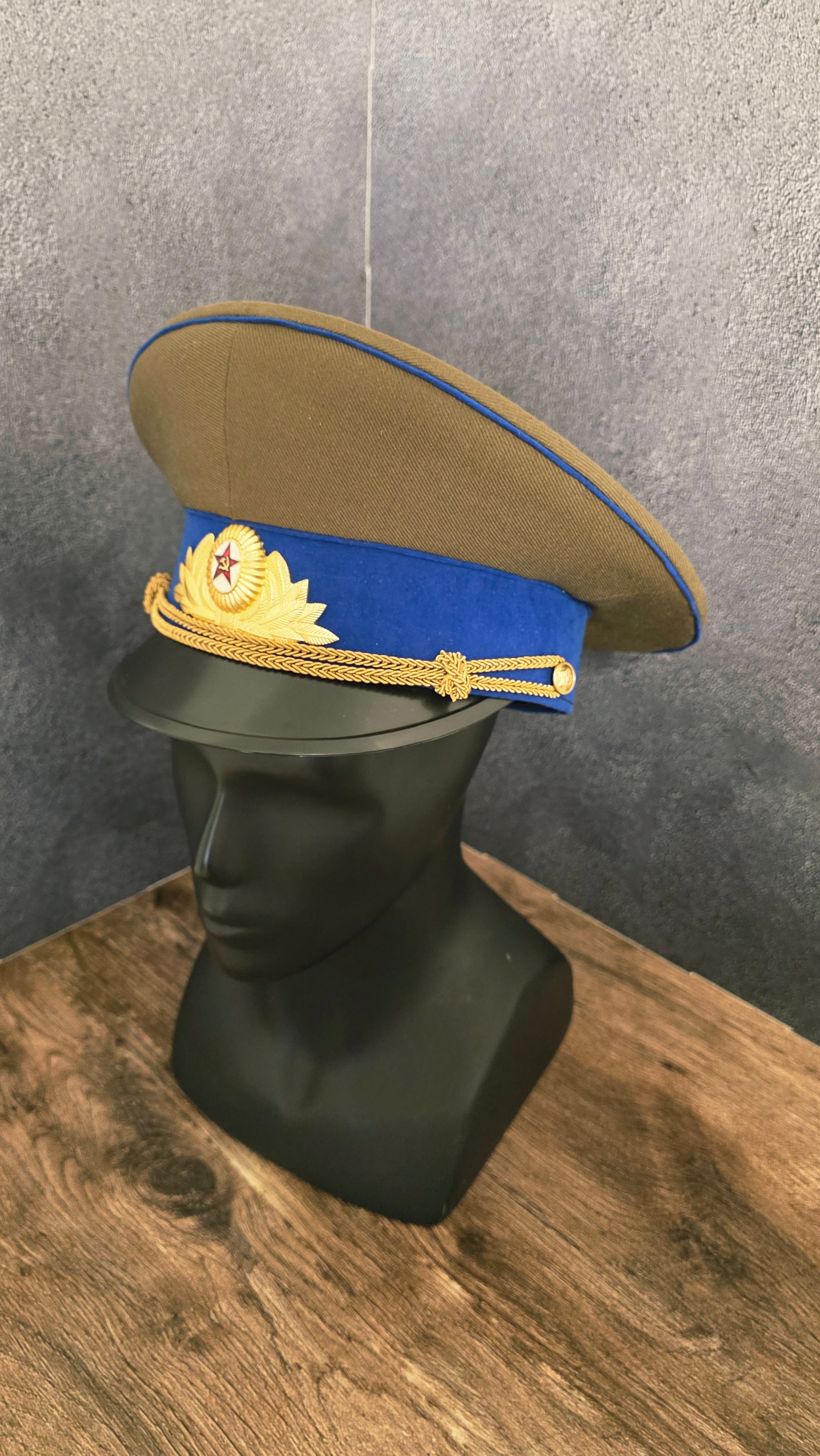 Vintage Soviet USSR KGB Officer Visor Cap Olive Crown Cornflower Blue Band