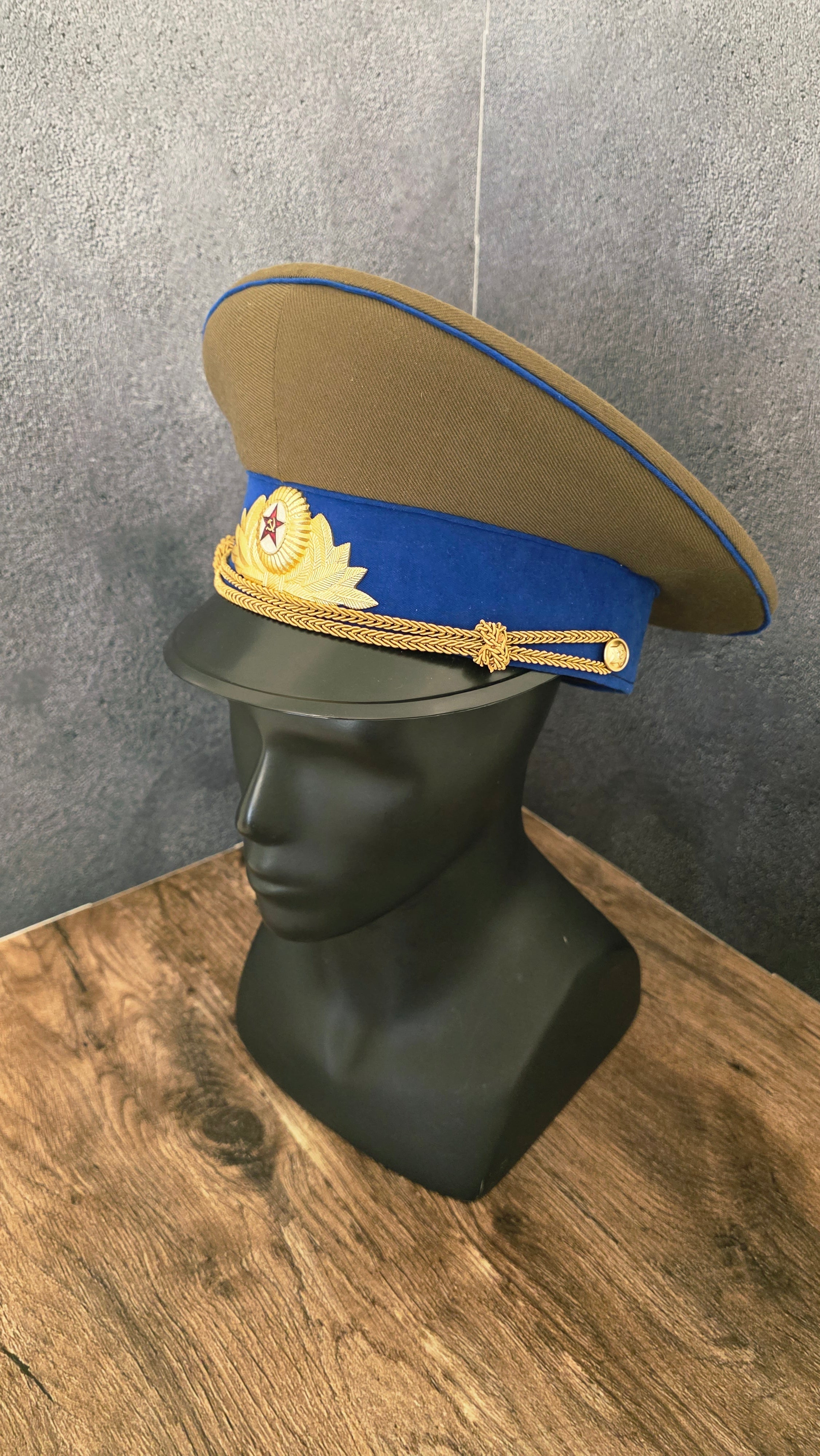 Vintage Soviet USSR KGB Officer Visor Cap Olive Crown Cornflower Blue Band