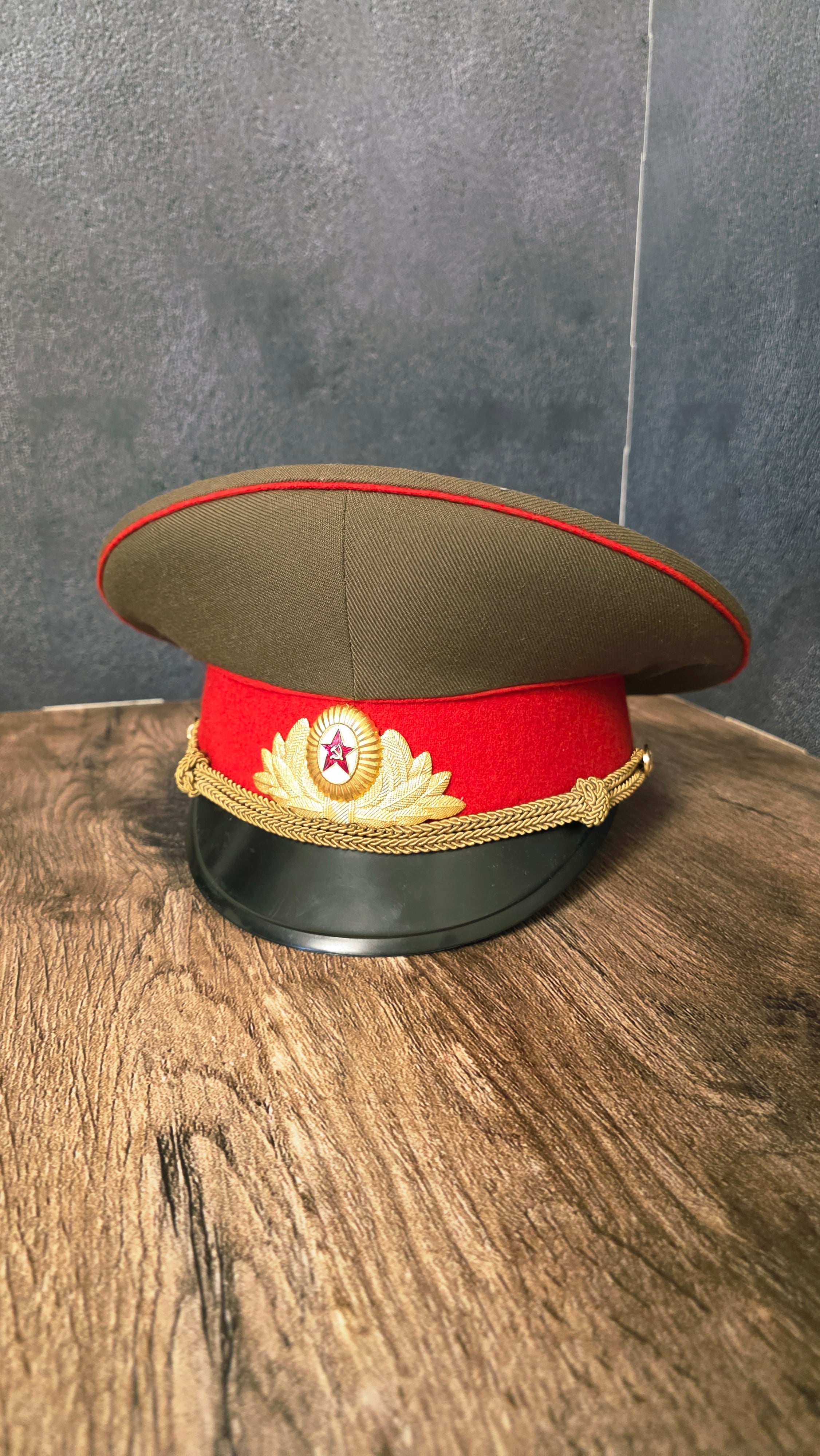 Vintage Soviet USSR Officer Parade Visor Cap 1969 Khaki Crown Red Band