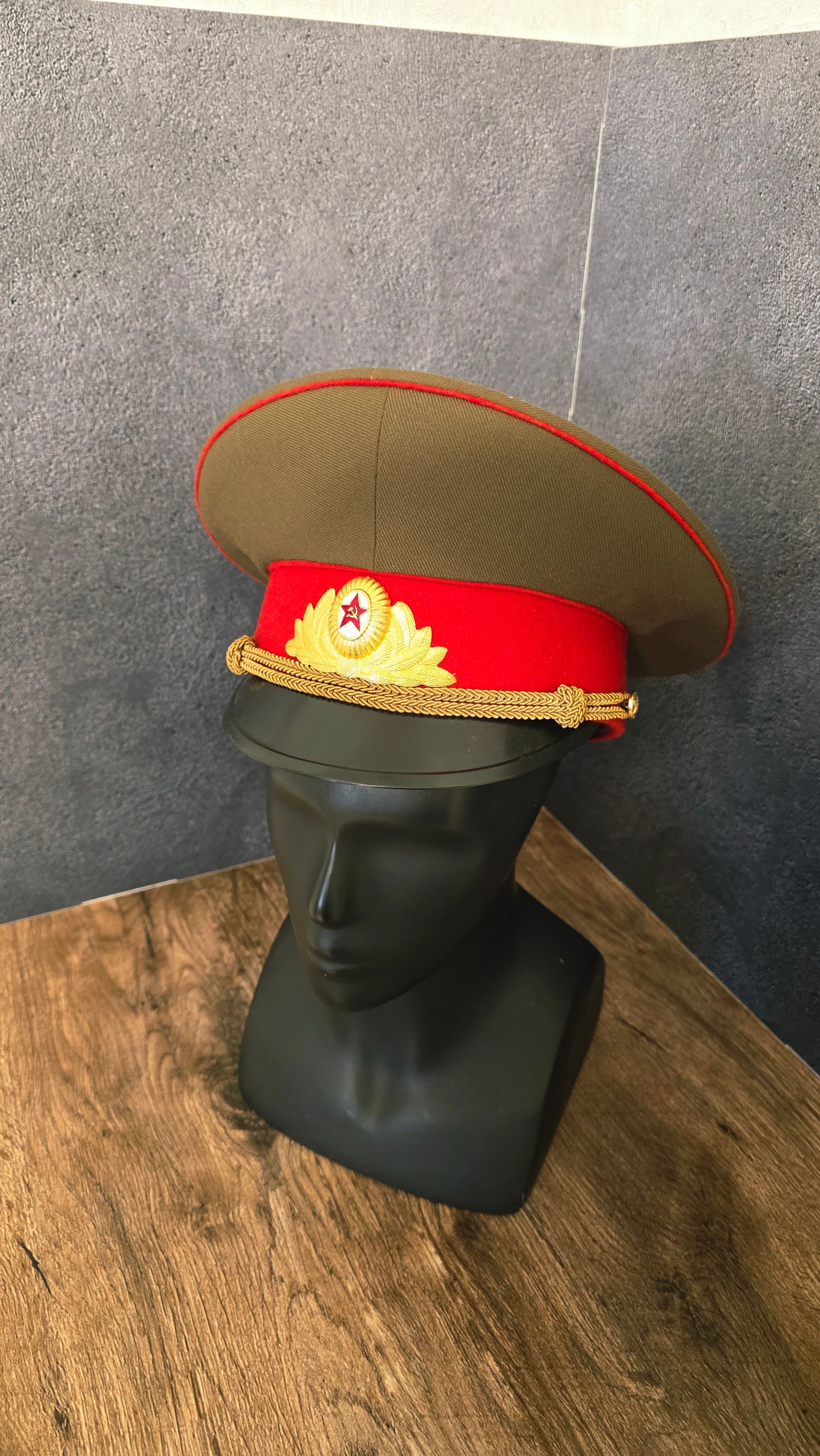 Vintage Soviet USSR Officer Parade Visor Cap 1969 Khaki Crown Red Band