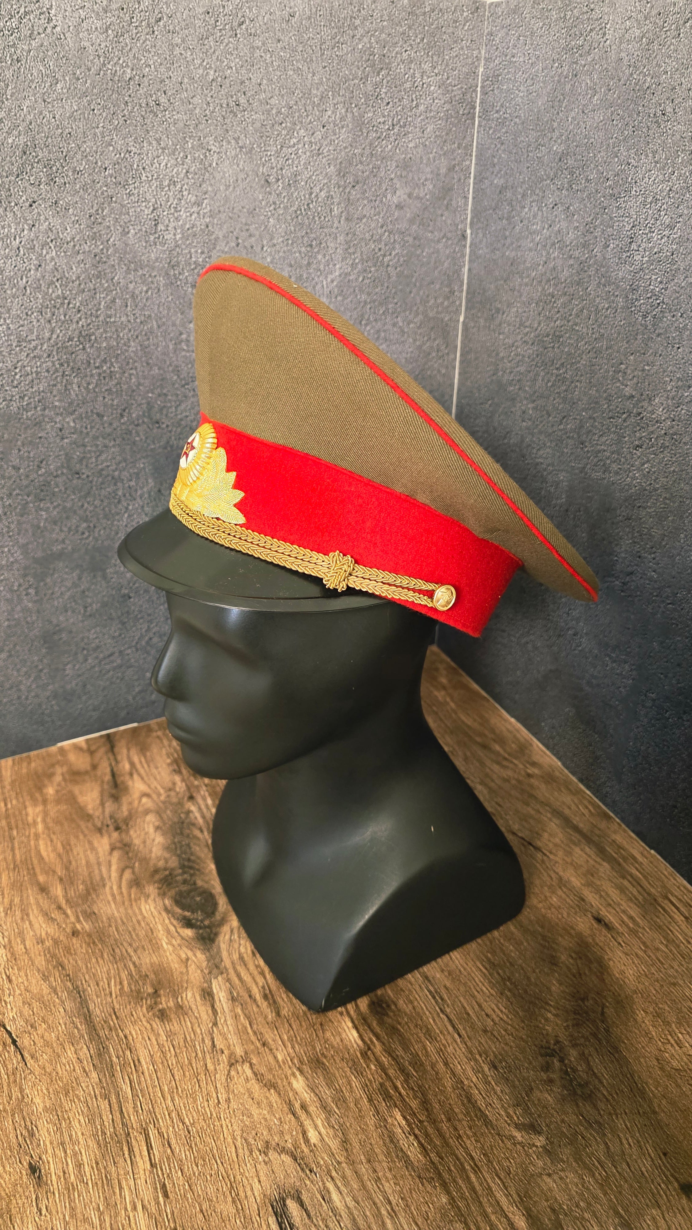 Vintage Soviet USSR Officer Parade Visor Cap 1969 Khaki Crown Red Band