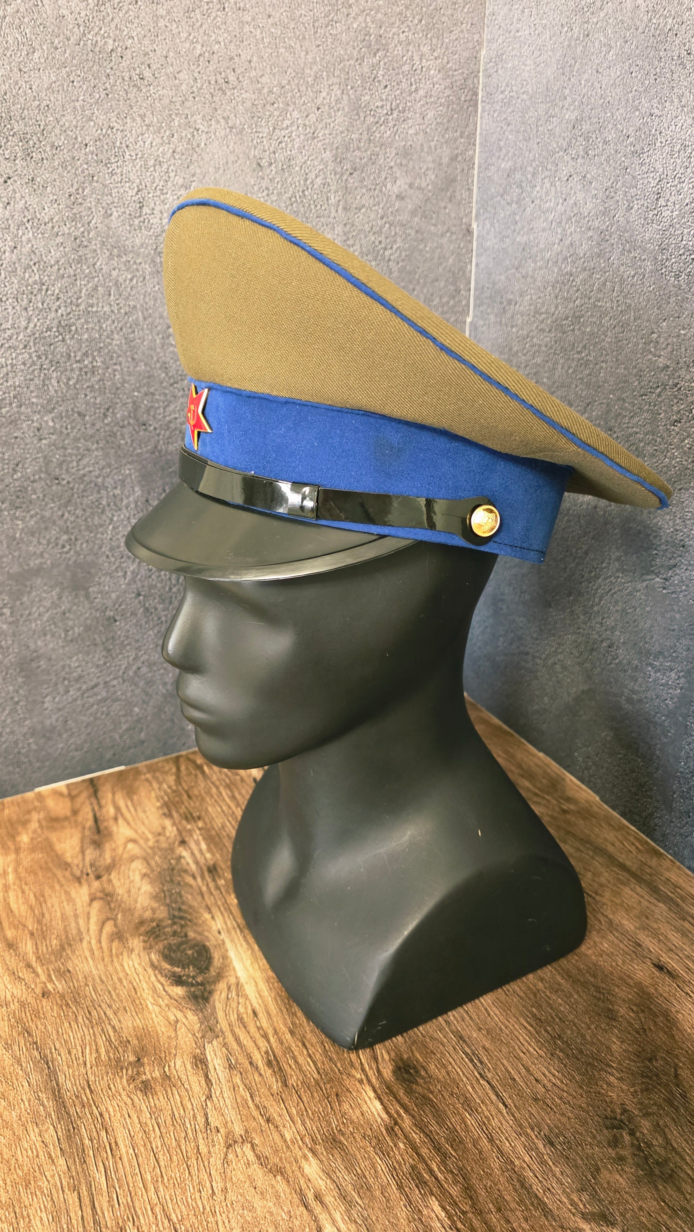 Vintage Soviet USSR RKKA Cavalry Visor Cap 1935 Khaki Blue Piping Hat