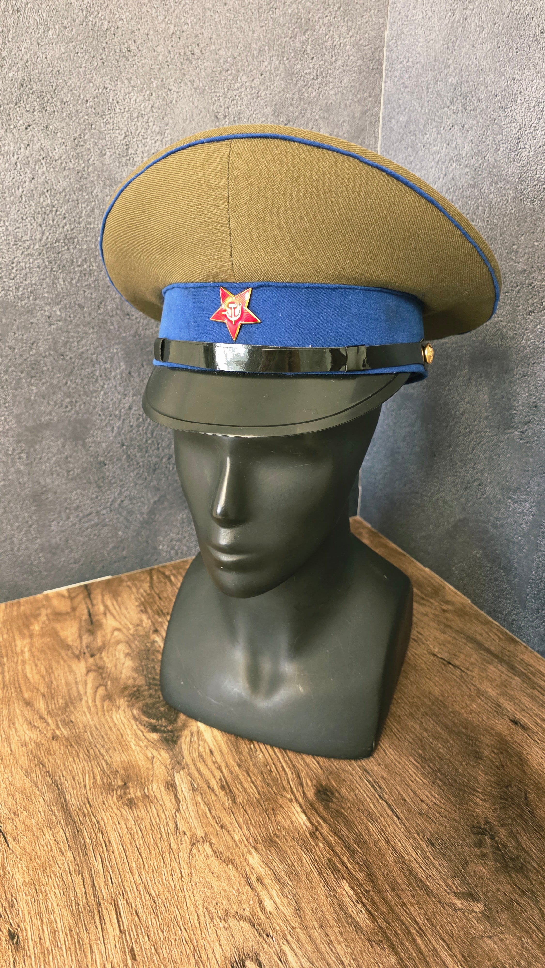 Vintage Soviet USSR RKKA Cavalry Visor Cap 1935 Khaki Blue Piping Hat
