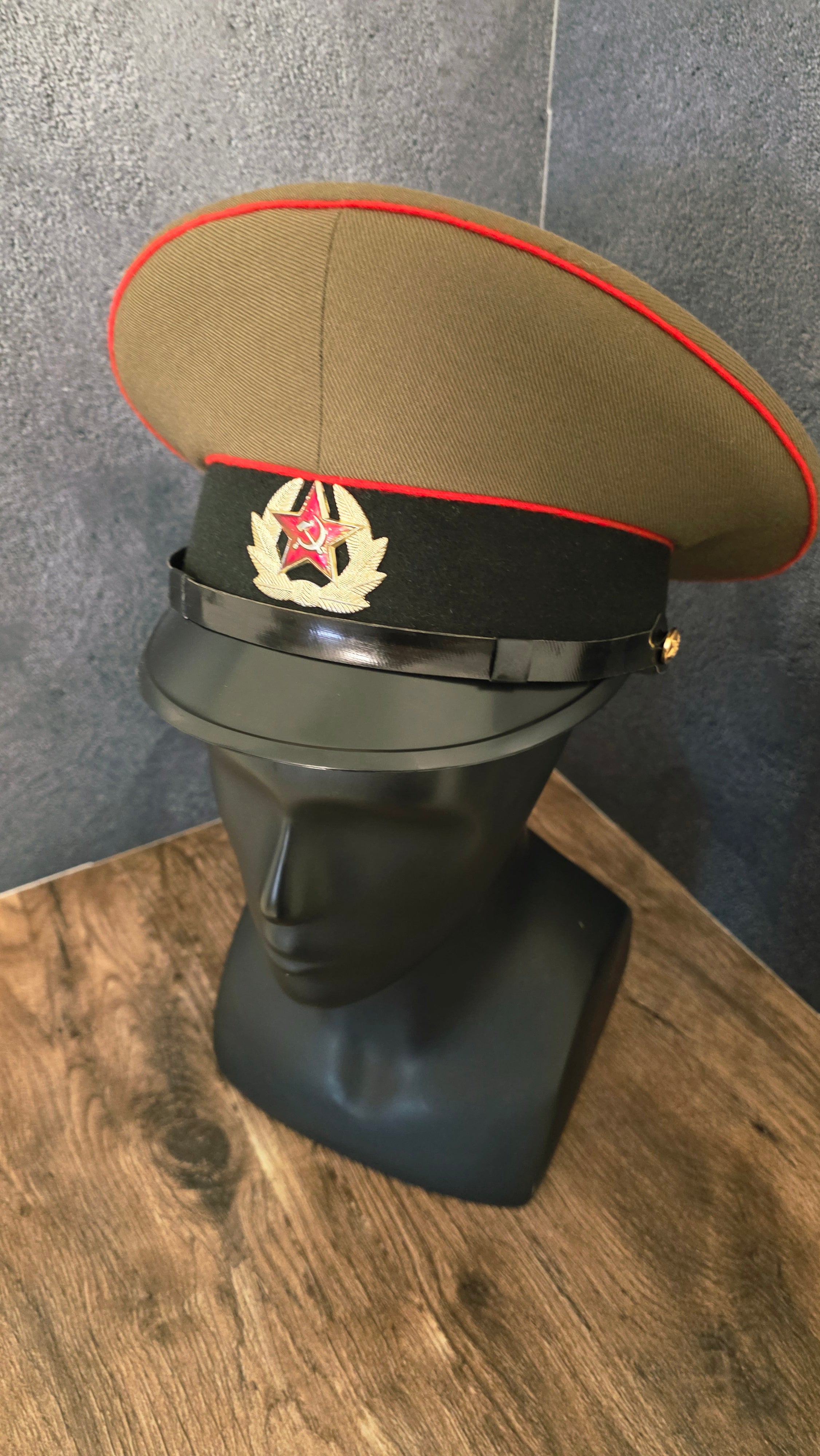 Vintage Soviet USSR Soldier Visor Cap 1969 Pattern Khaki Crown Red Piping