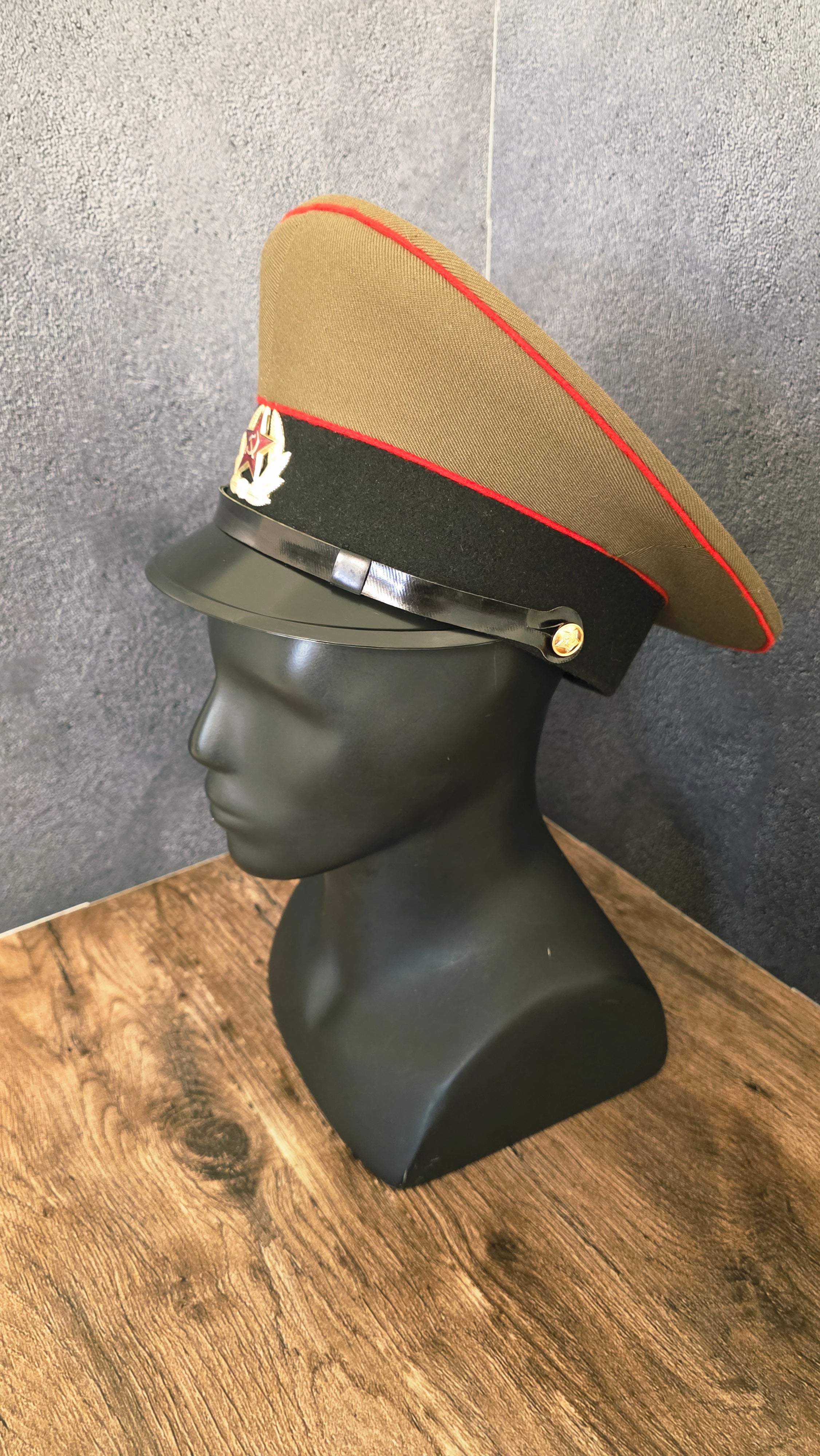 Vintage Soviet USSR Soldier Visor Cap 1969 Pattern Khaki Crown Red Piping