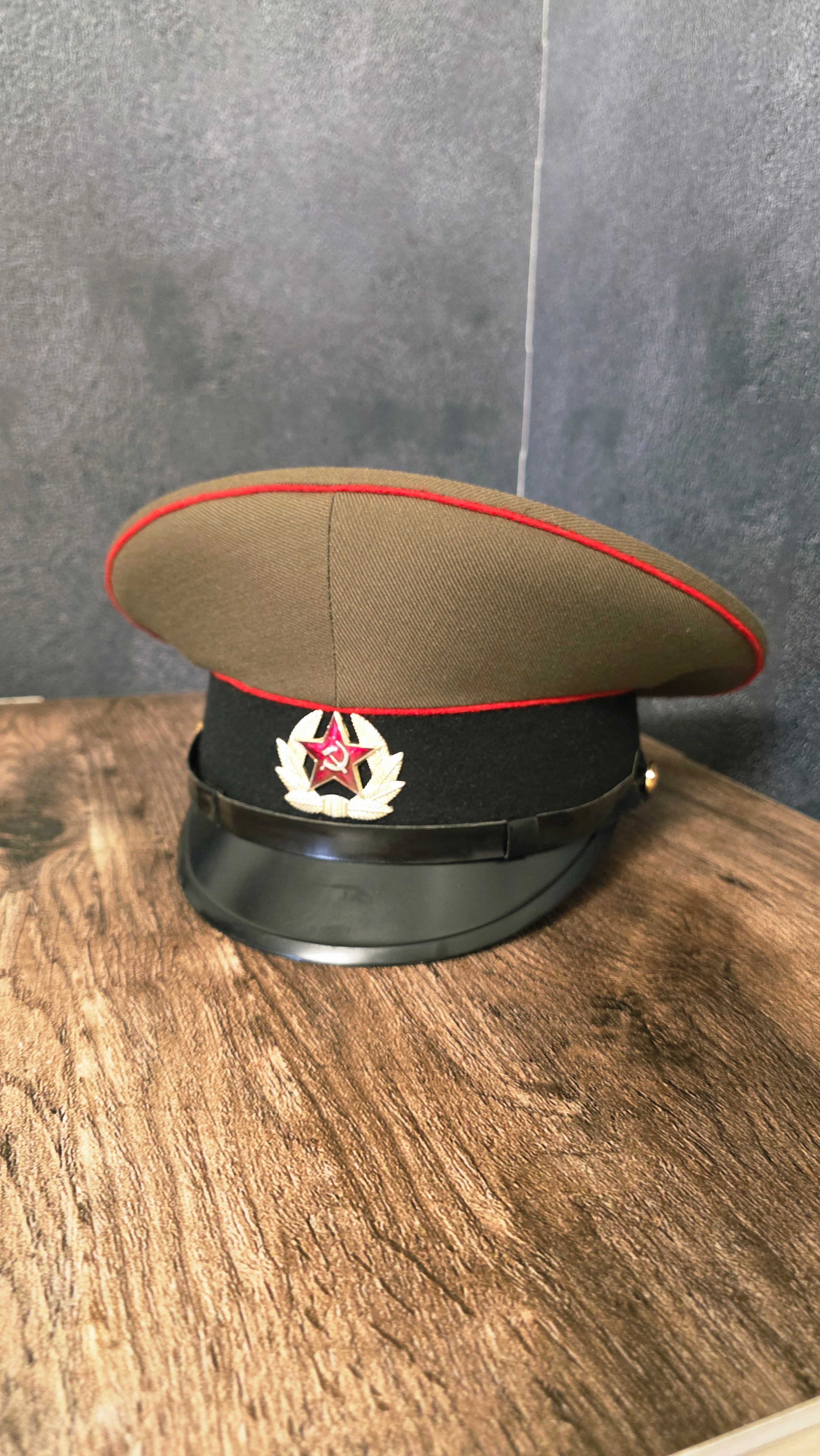 Vintage Soviet USSR Soldier Visor Cap 1969 Pattern Khaki Crown Red Piping