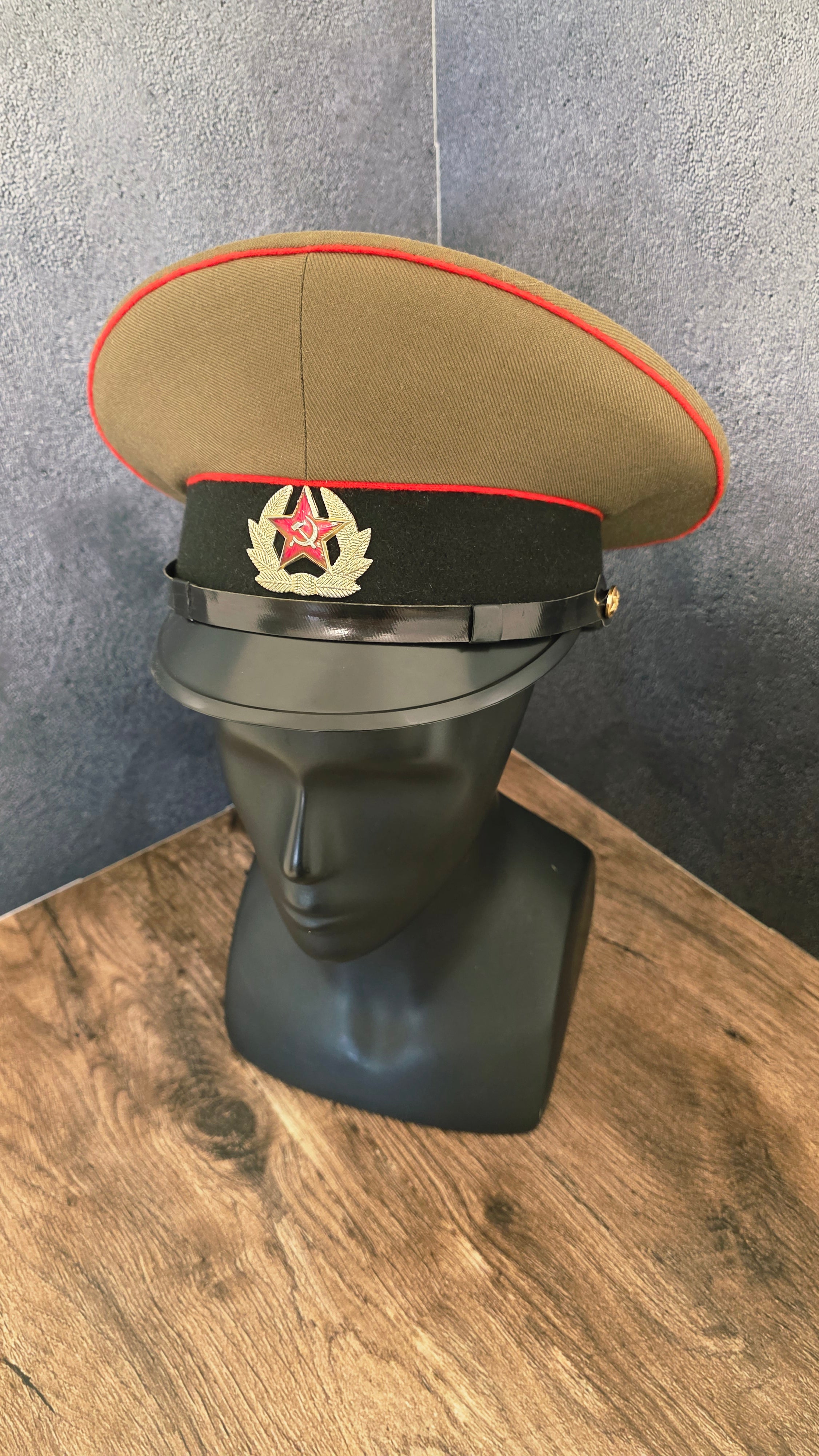 Vintage Soviet USSR Soldier Visor Cap 1969 Pattern Khaki Crown Red Piping