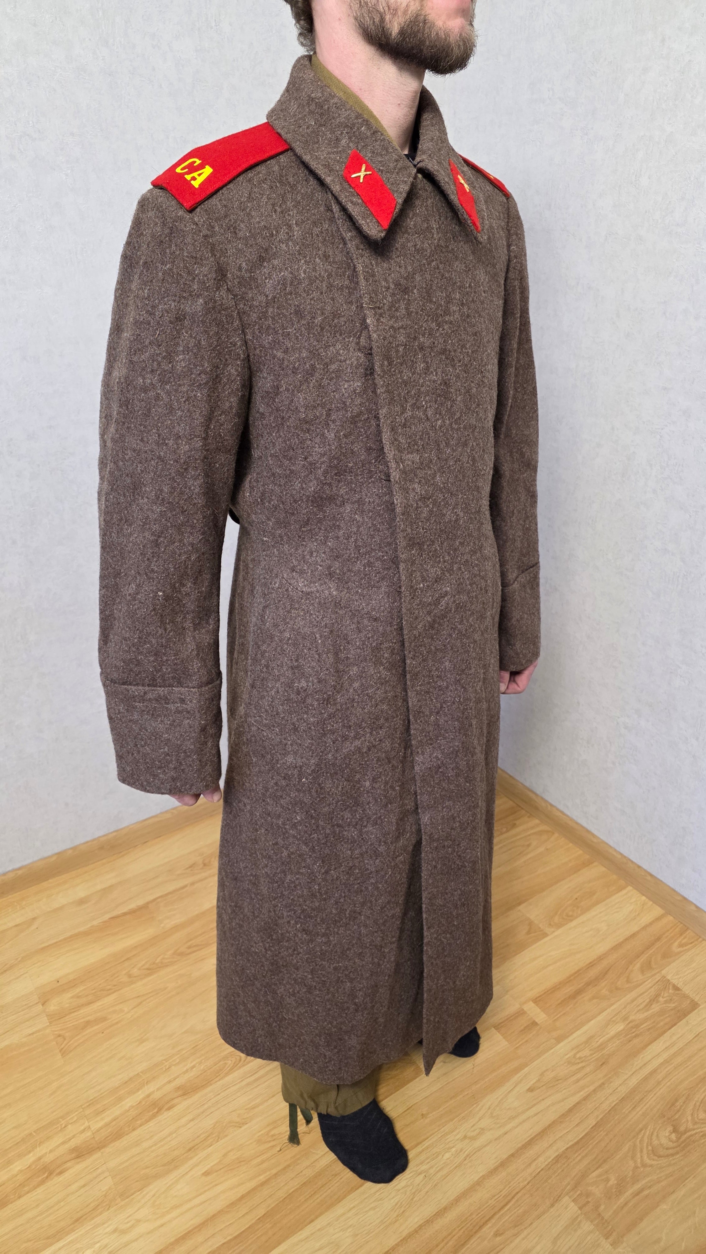 Vintage Soviet USSR Soldier Wool Greatcoat Red Collar Tabs Overcoat