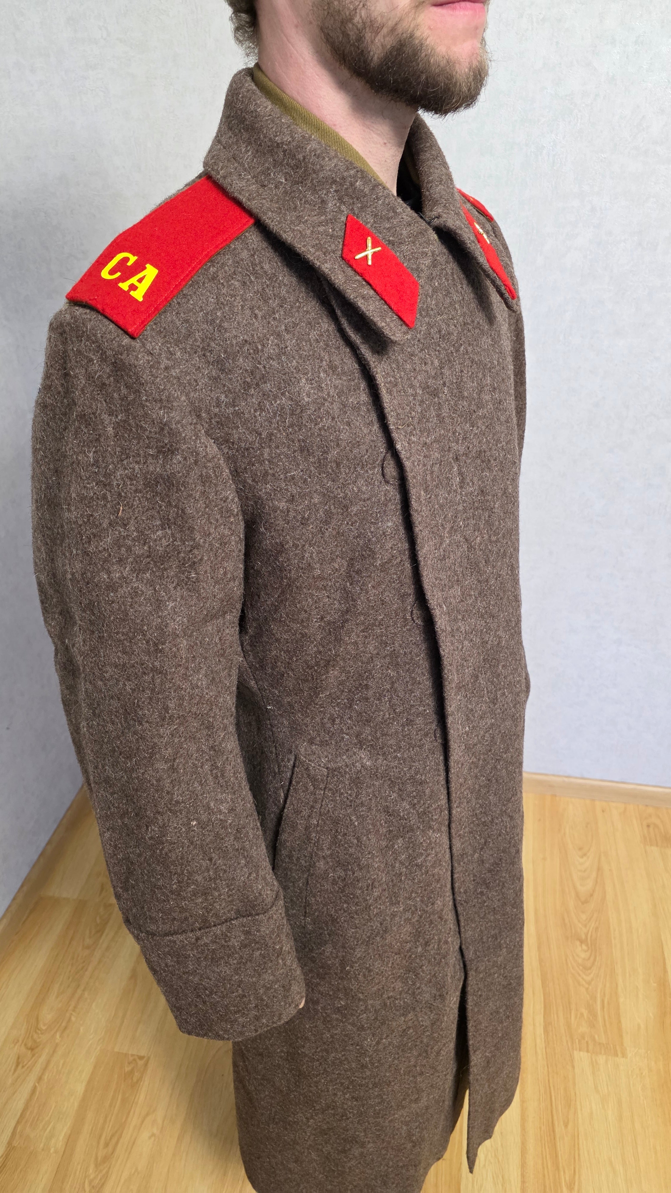 Vintage Soviet USSR Soldier Wool Greatcoat Red Collar Tabs Overcoat