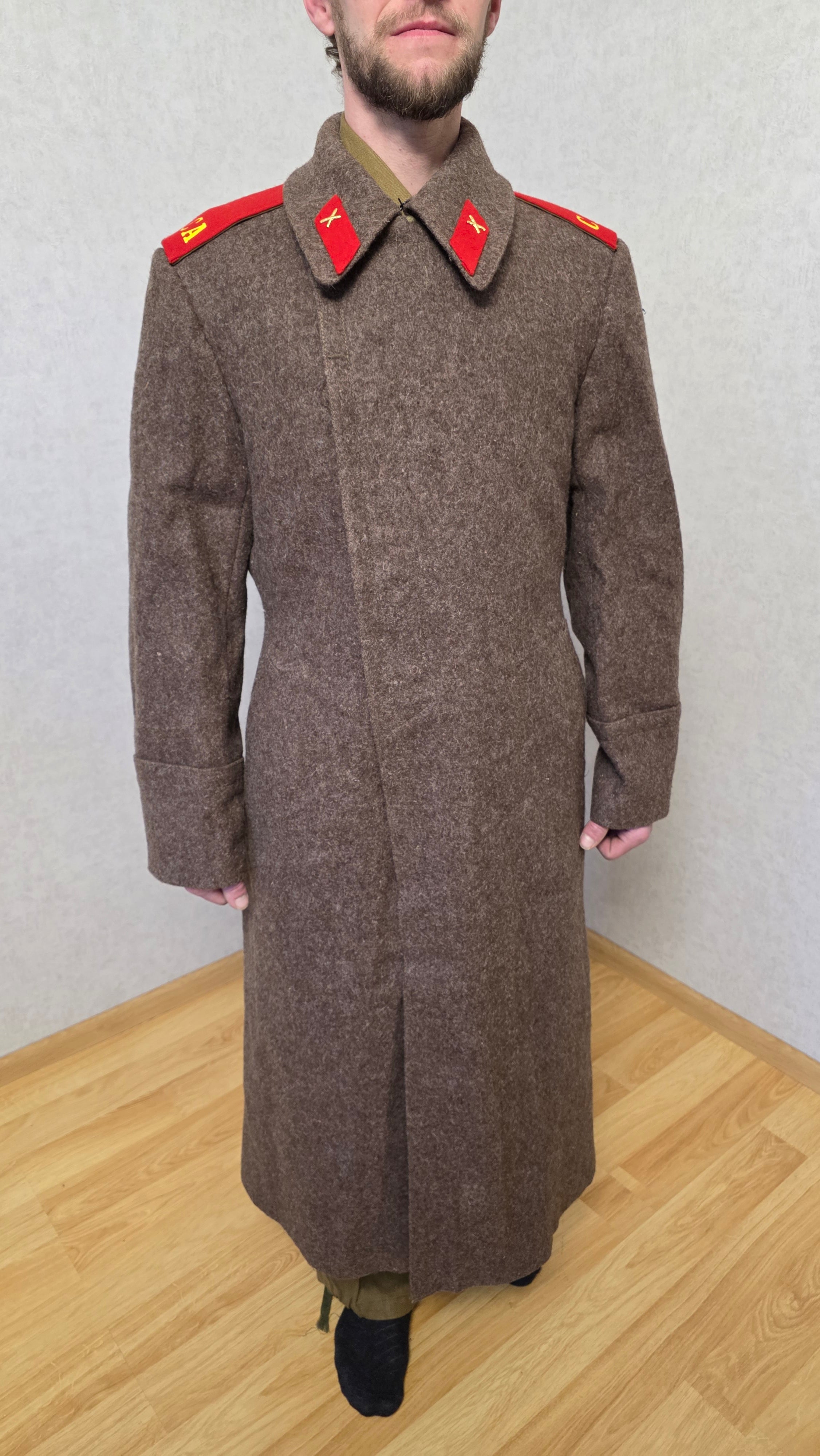 Vintage Soviet USSR Soldier Wool Greatcoat Red Collar Tabs Overcoat