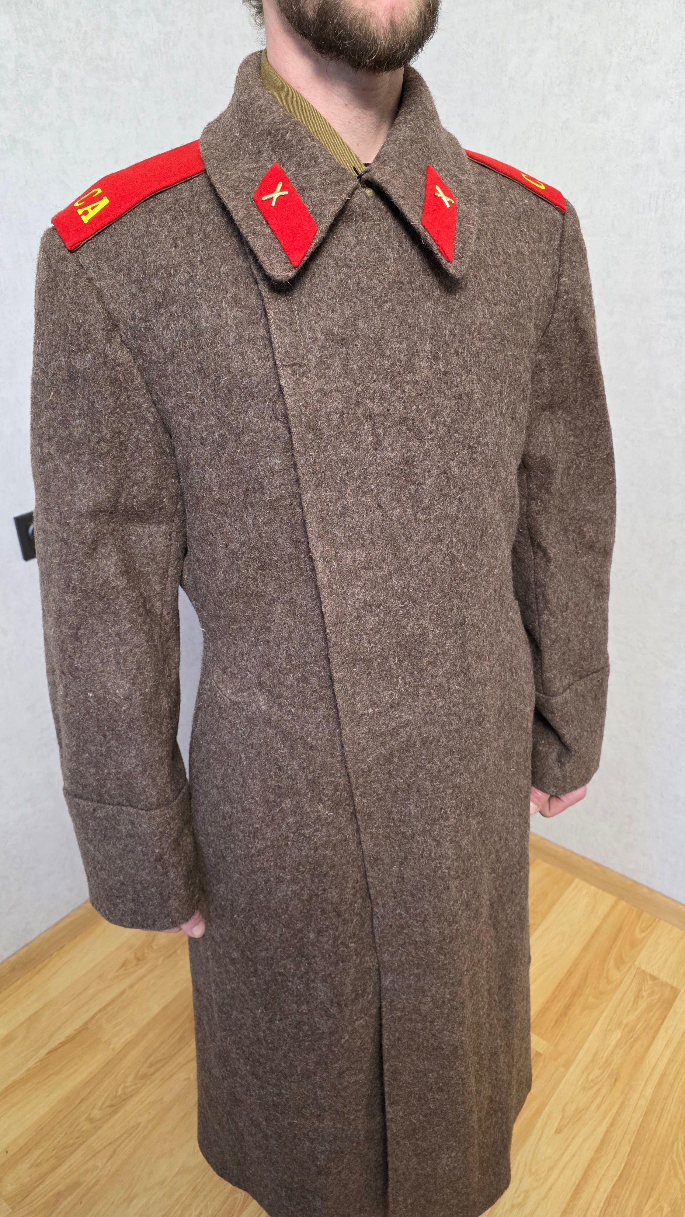 Vintage Soviet USSR Soldier Wool Greatcoat Red Collar Tabs Overcoat