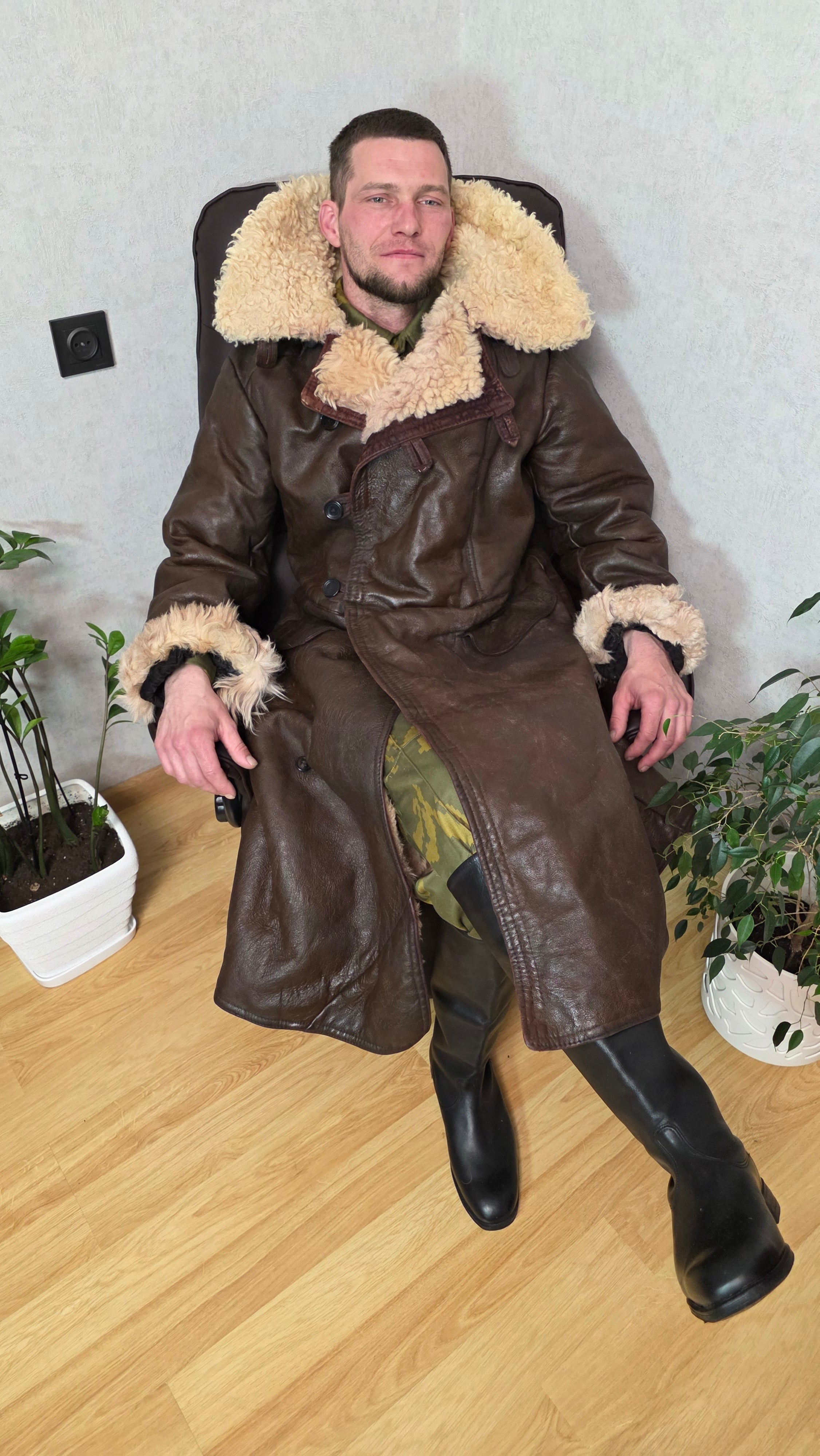 Vintage Soviet VMF Tulup Brown Sheepskin Coat USSR Naval Winter Coat Rare