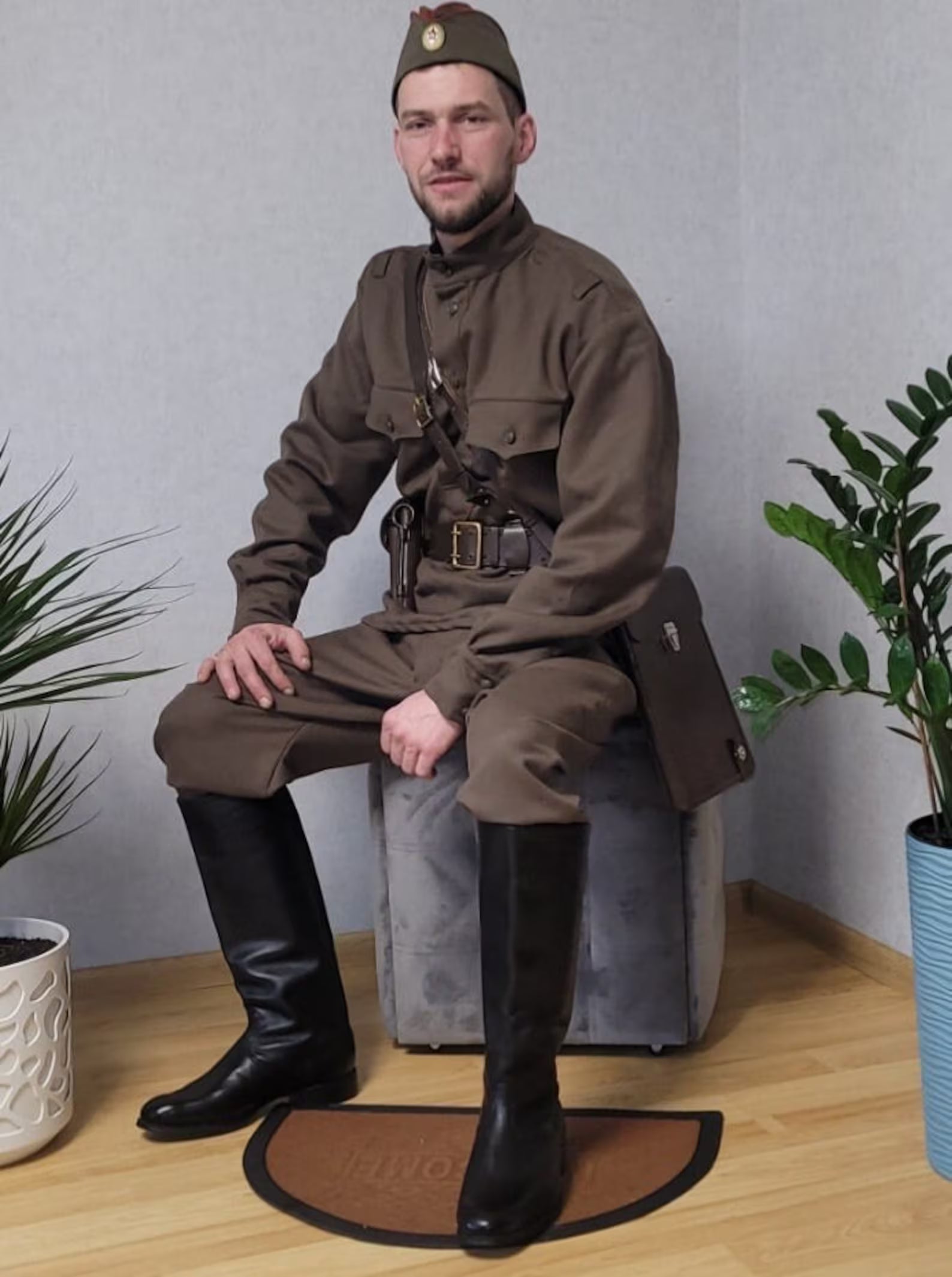 Vintage Soviet WWII Uniform Set Khaki Gymnasterka Breeches Boots Pilotka Belt Gear