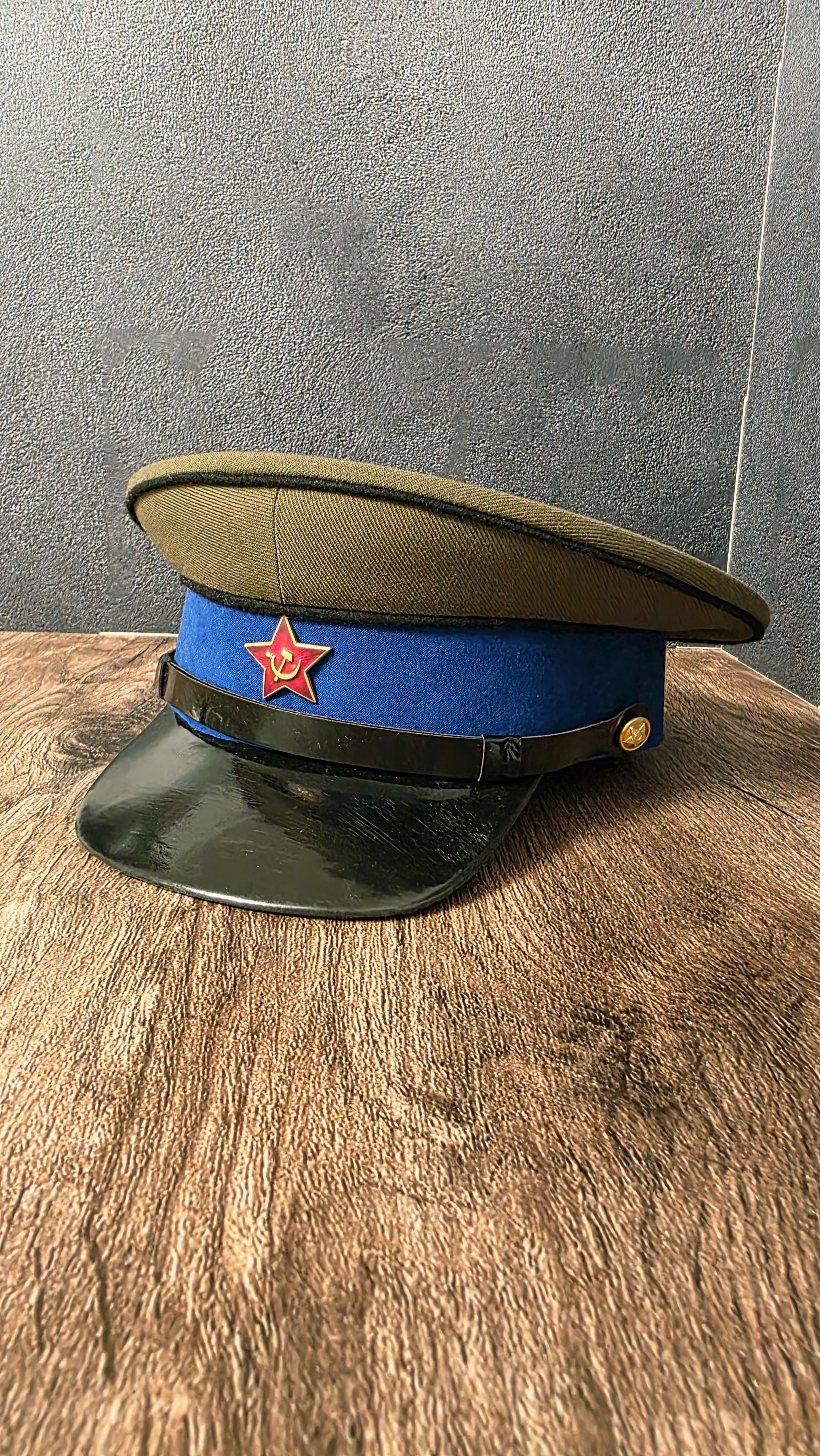 Vintage USSR 1935 Cavalry Officer Visor Cap Khaki Top Blue Band Soviet Cap