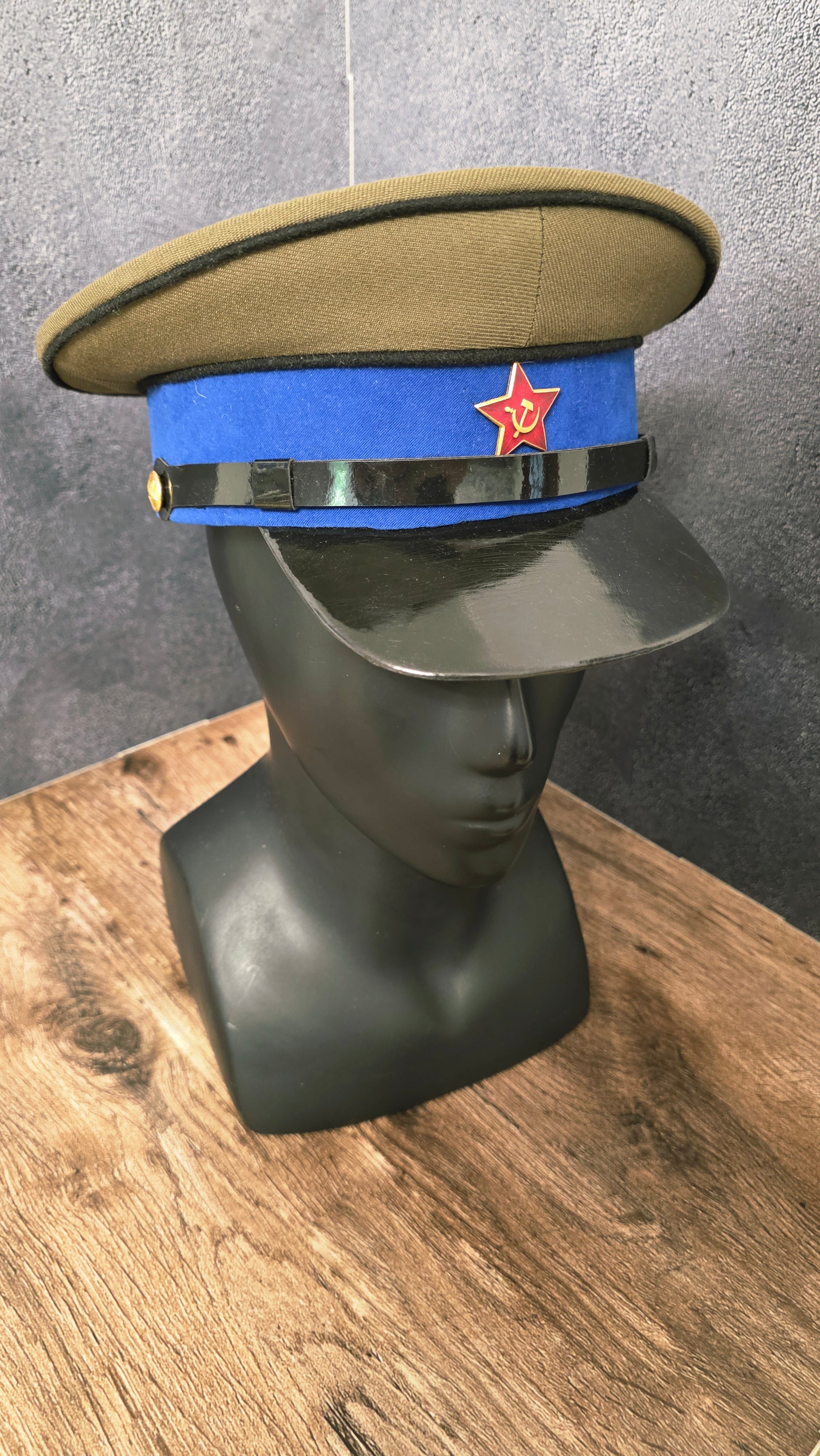 Vintage USSR 1935 Cavalry Officer Visor Cap Khaki Top Blue Band Soviet Cap