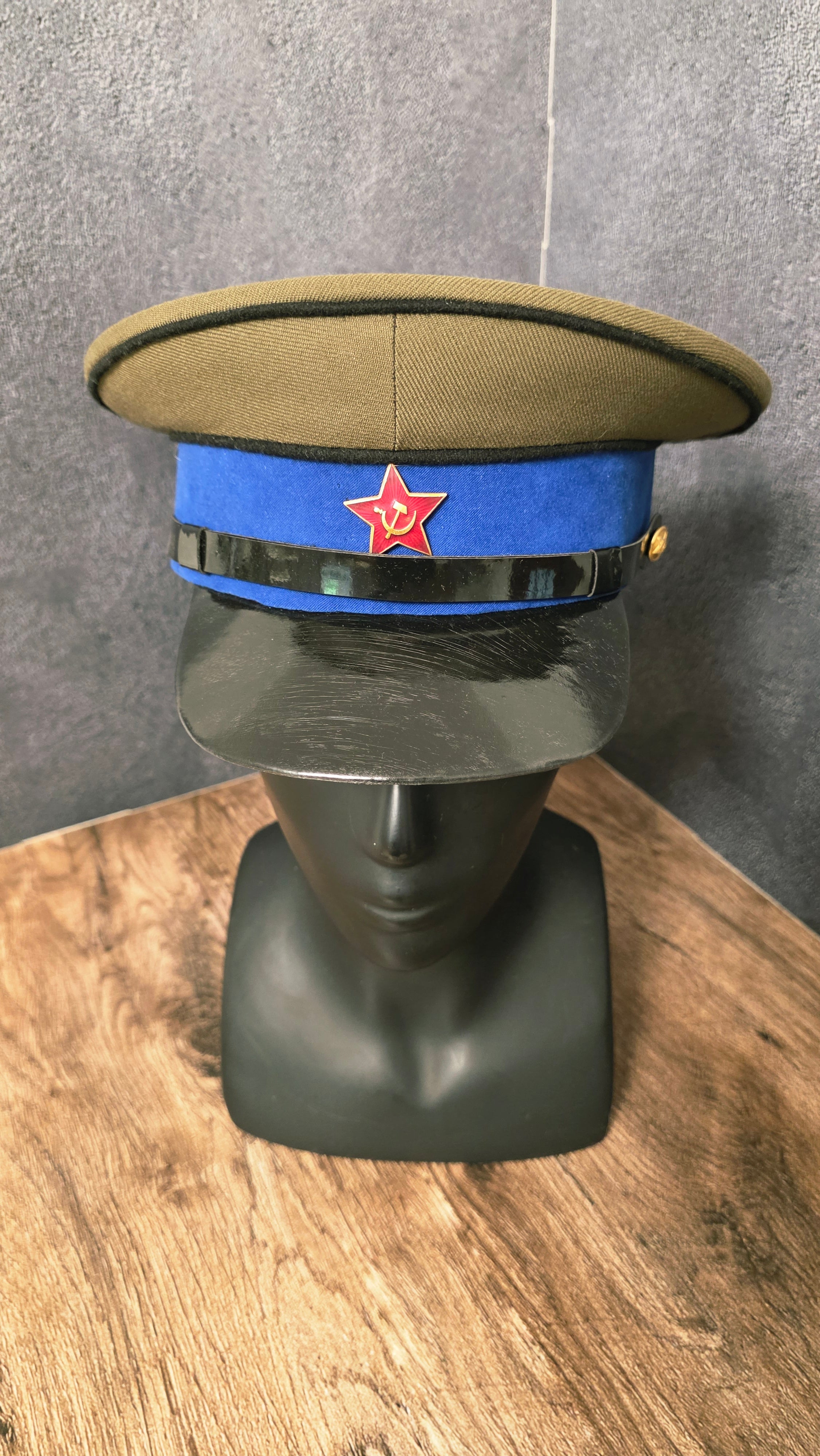 Vintage USSR 1935 Cavalry Officer Visor Cap Khaki Top Blue Band Soviet Cap