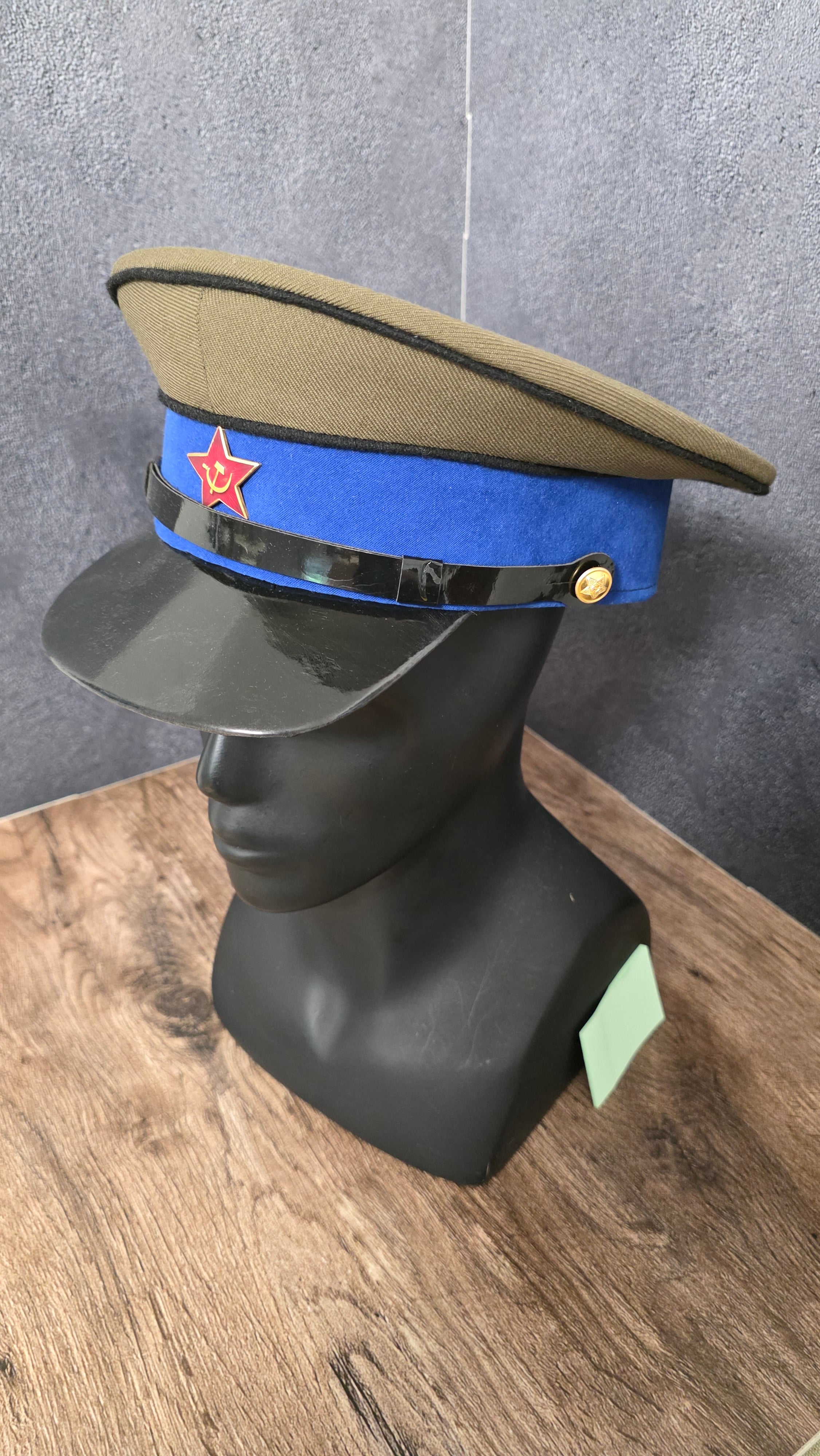 Vintage USSR 1935 Cavalry Officer Visor Cap Khaki Top Blue Band Soviet Cap