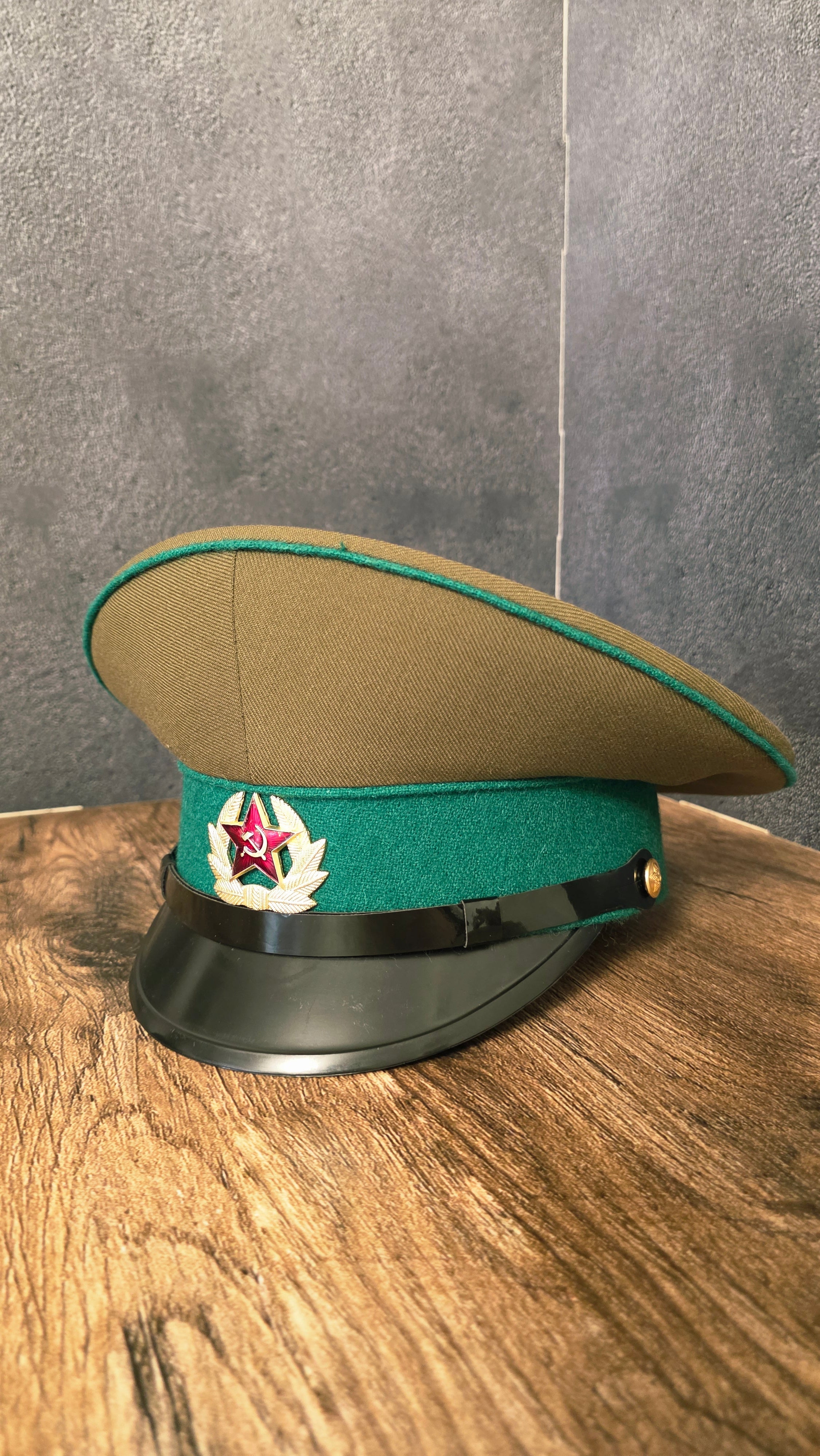 Vintage USSR Border Guard Visor Cap Green Band Khaki Crown Soviet Peaked Hat