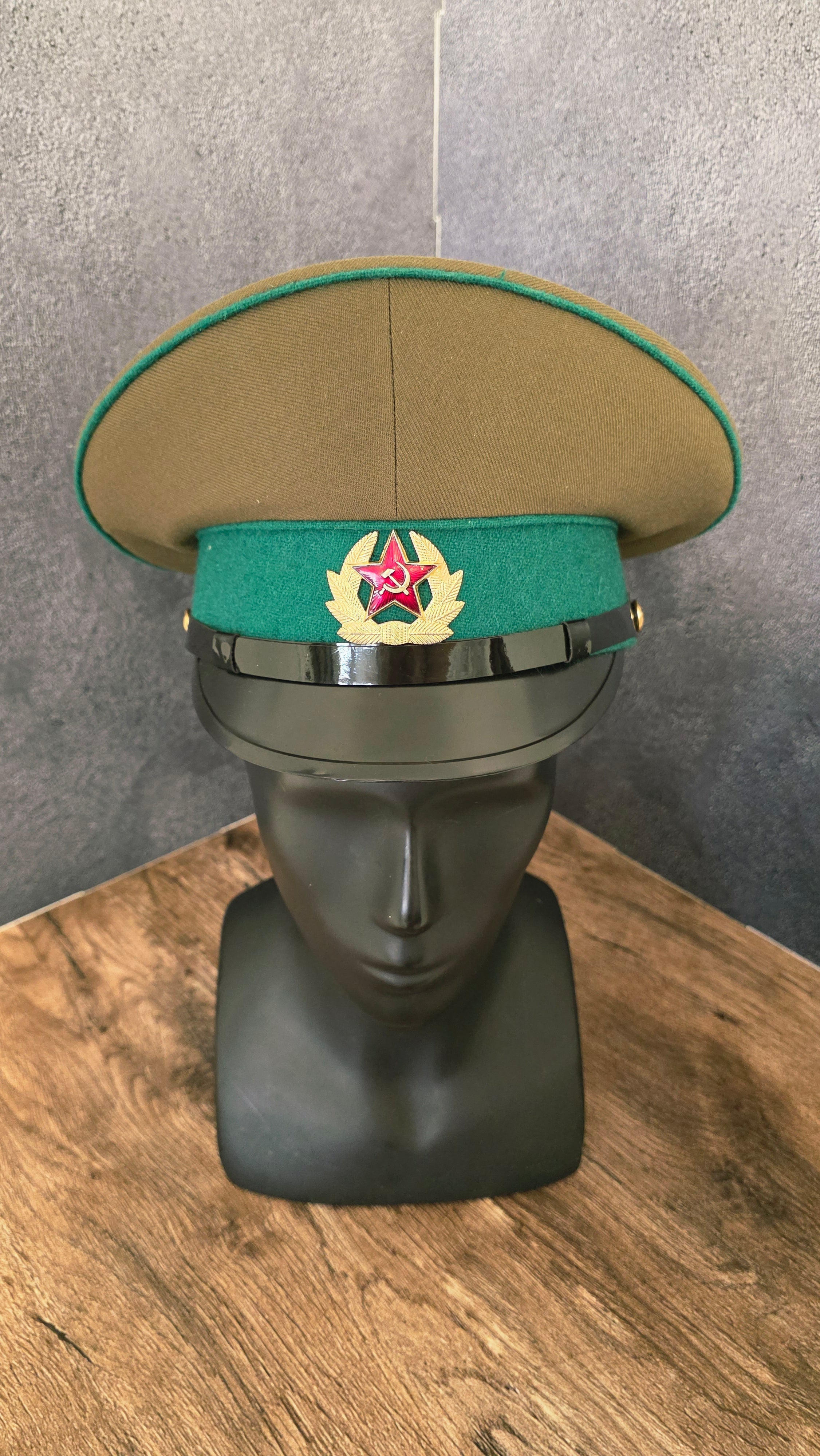 Vintage USSR Border Guard Visor Cap Green Band Khaki Crown Soviet Peaked Hat