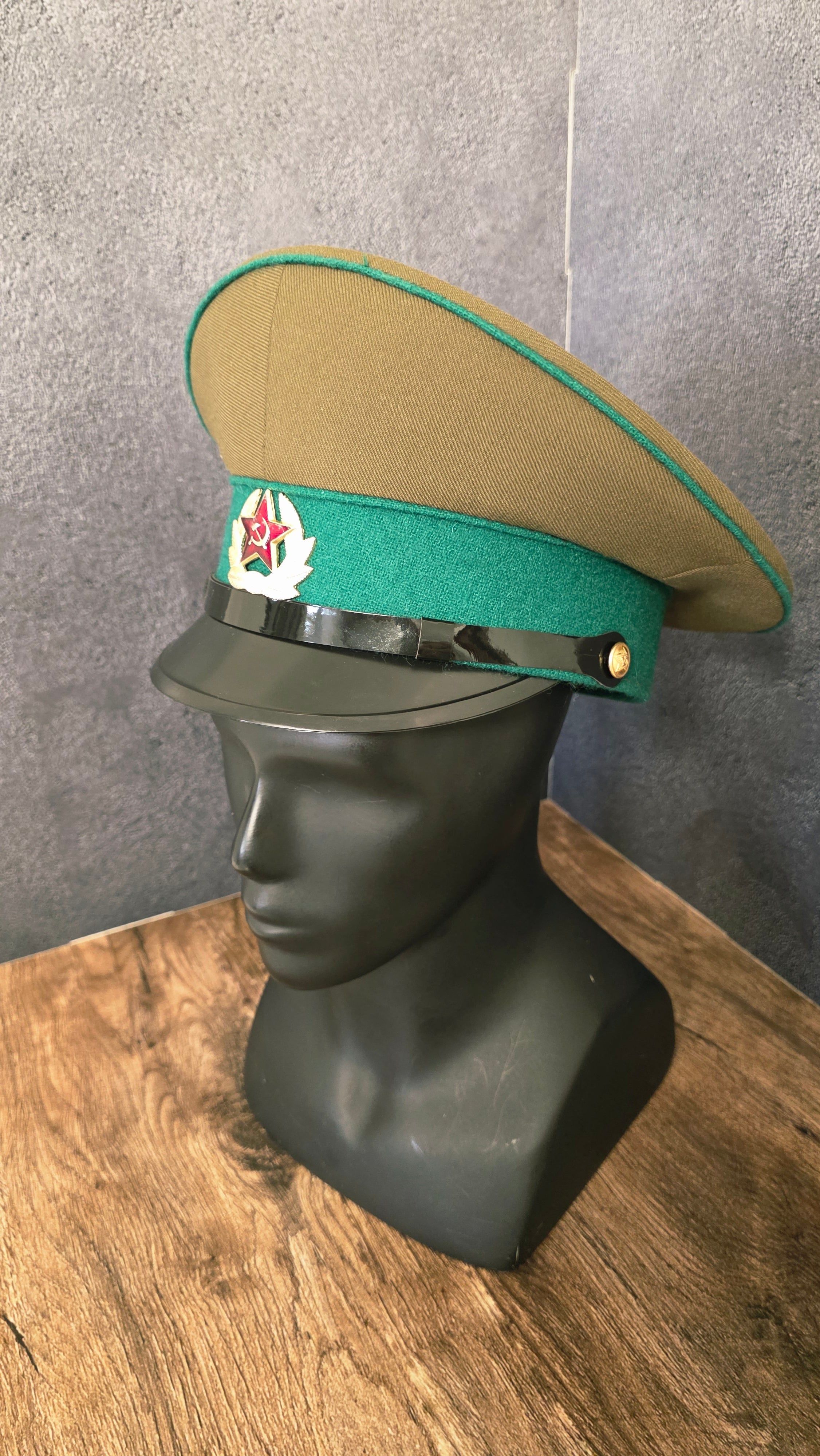 Vintage USSR Border Guard Visor Cap Green Band Khaki Crown Soviet Peaked Hat