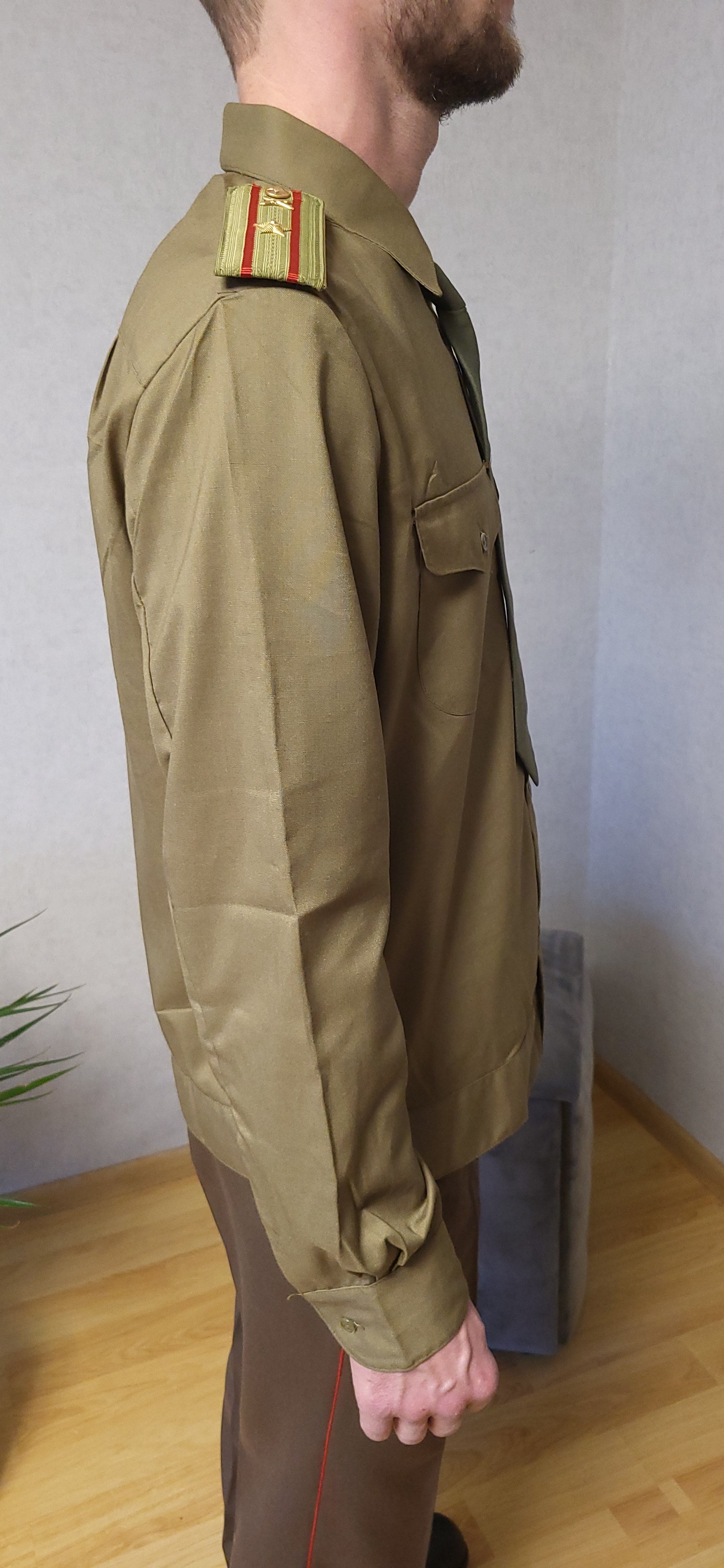 Vintage USSR Khaki Dress Shirt Long Sleeve Set Tie Tie Clip Epaulettes