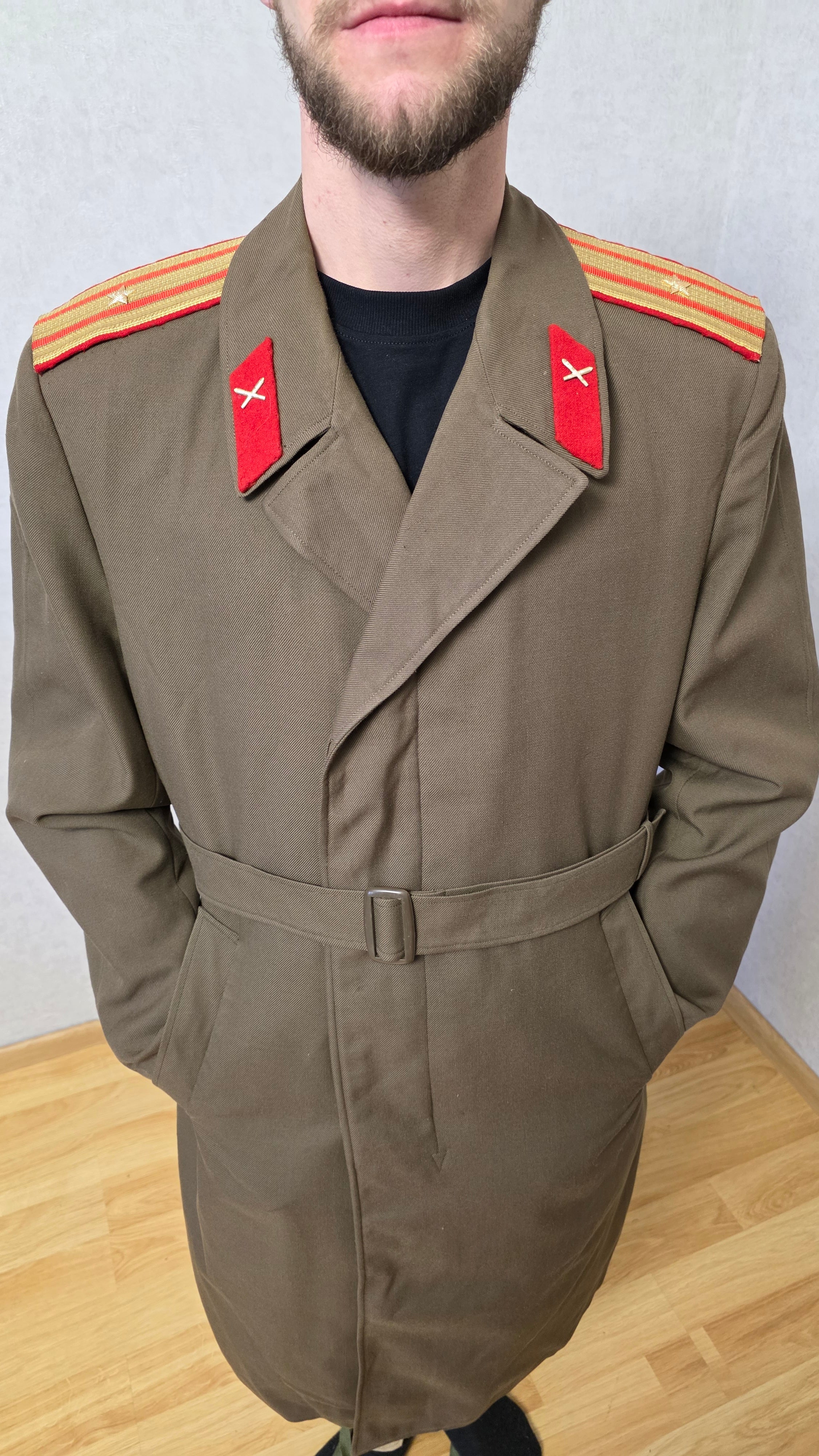 Vintage USSR Khaki Wool Blend Overcoat with Epaulettes 1980s