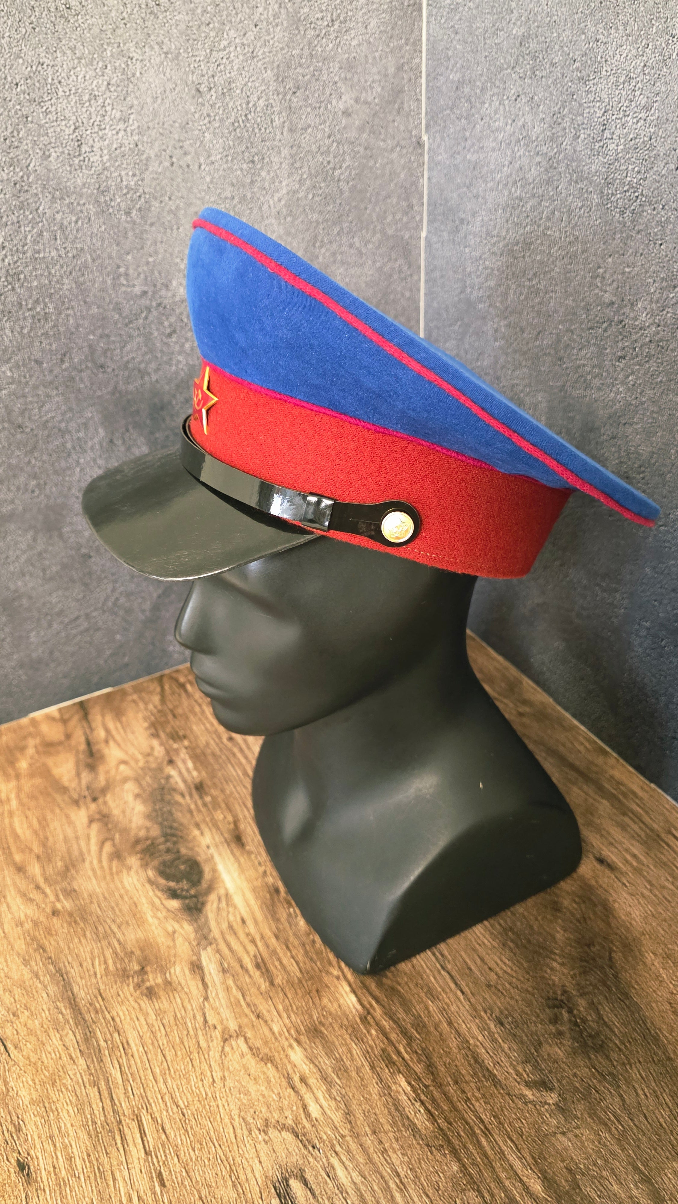Vintage USSR NKVD Visor Cap Blue Crown Red Band Soviet Officer Peaked Hat