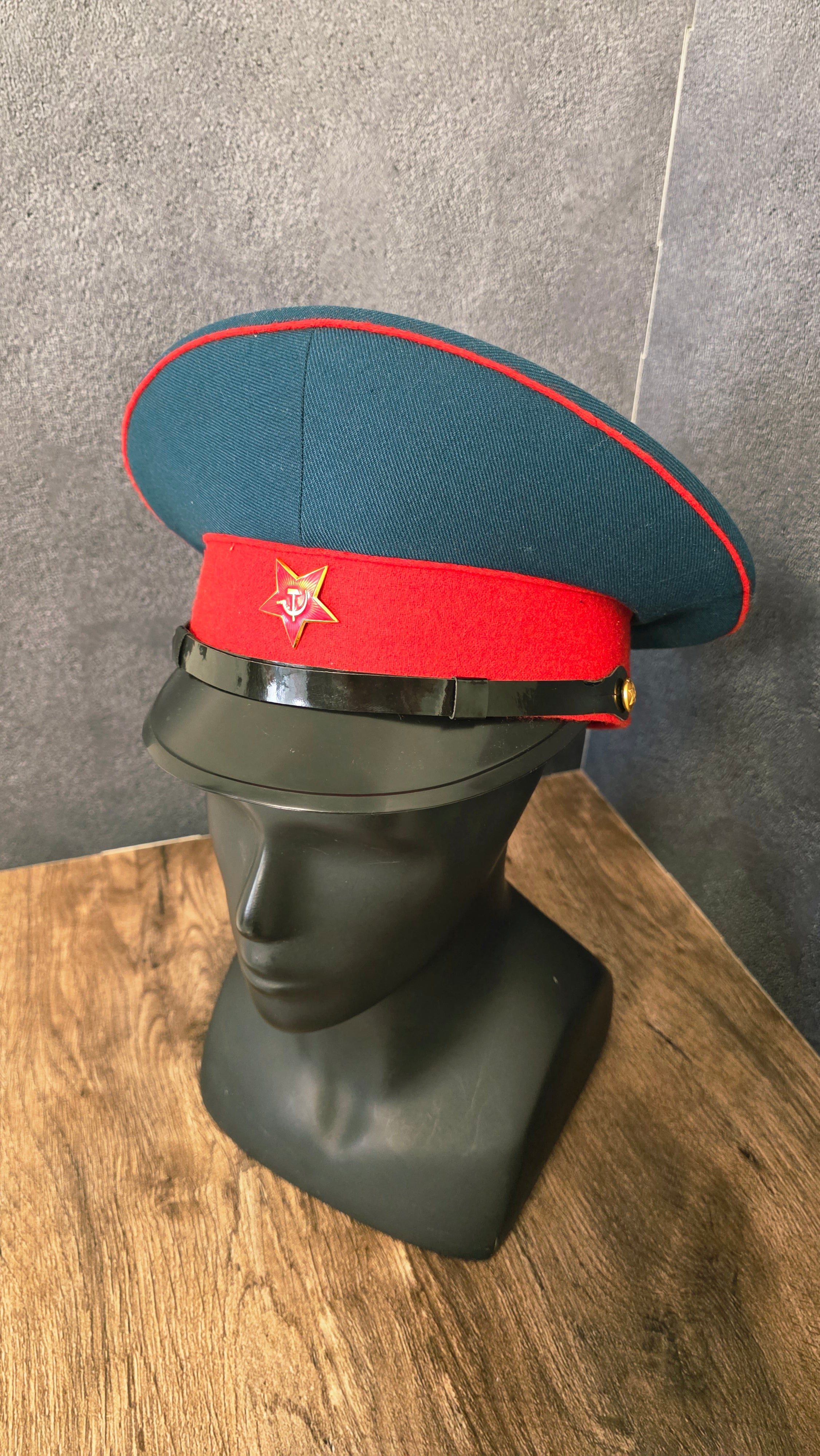 Vintage USSR Officer Visor Cap Sea Wave Green Red Band Parade Style